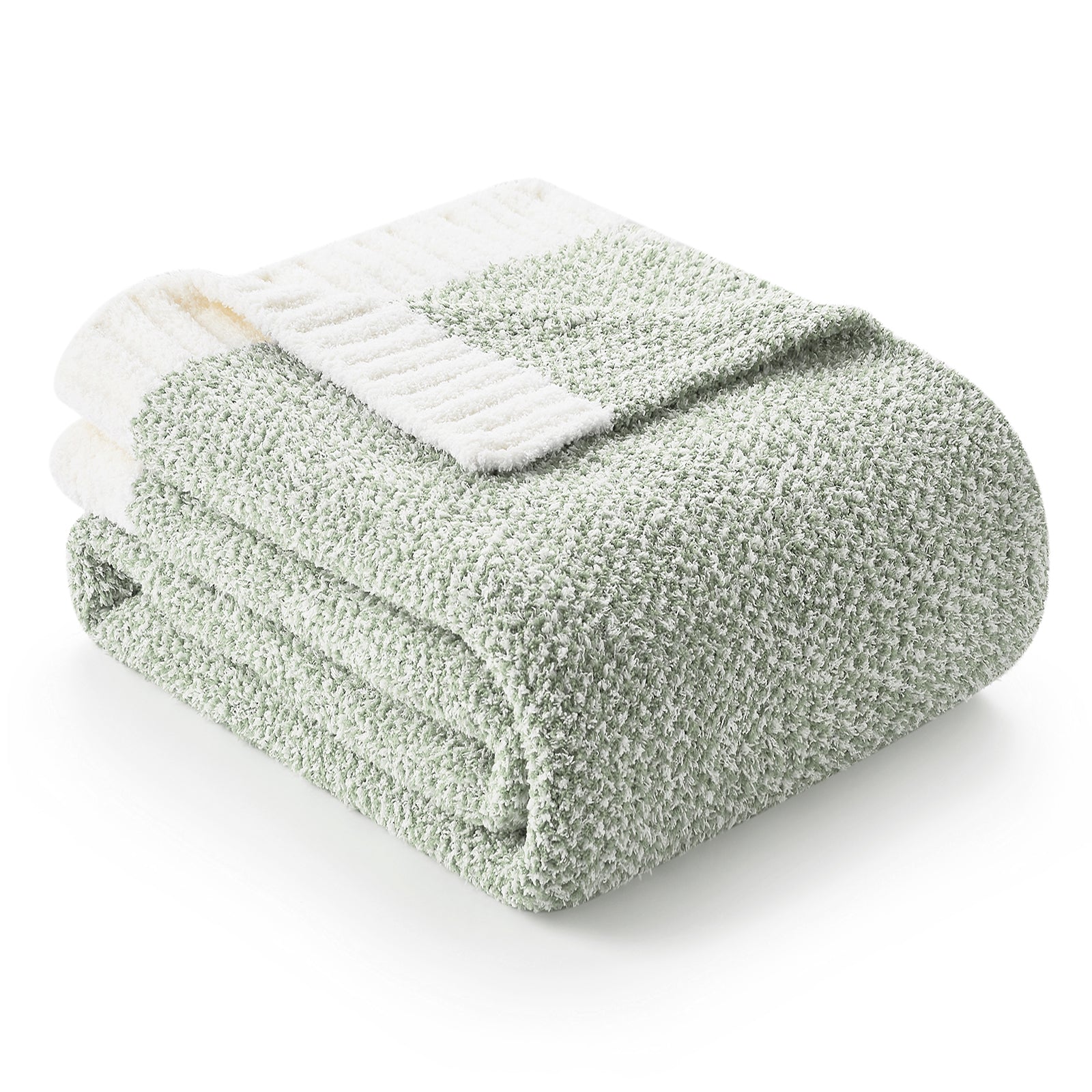 Folded Snuggle Sac Heather Feather Yarn sage green Knit Throw Blanket front view#Color_Sage Green
