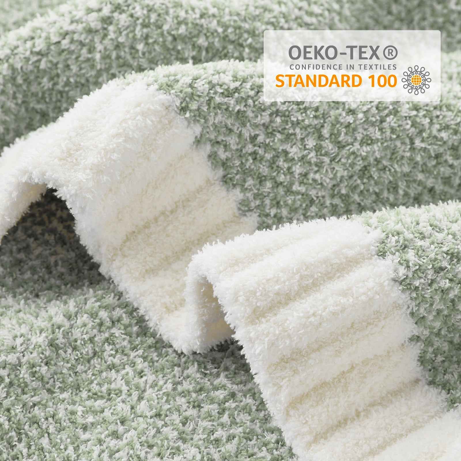 Close up of Snuggle Sac Heather Feather Yarn Knit Throw Blanket with OEKO-TEX Certificate#Color_Sage Green