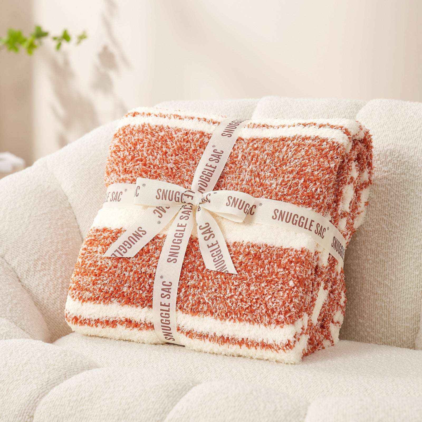 Striped Feather Yarn Knit Throw Blanket wrapped as a perfect gift #Color_Orange