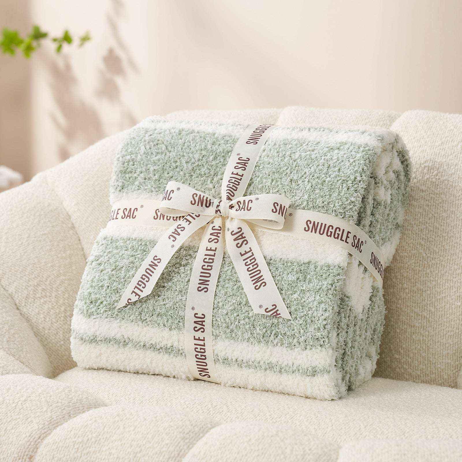 Striped Feather Yarn Knit Throw Blanket wrapped as a perfect gift #Color_Sage Green