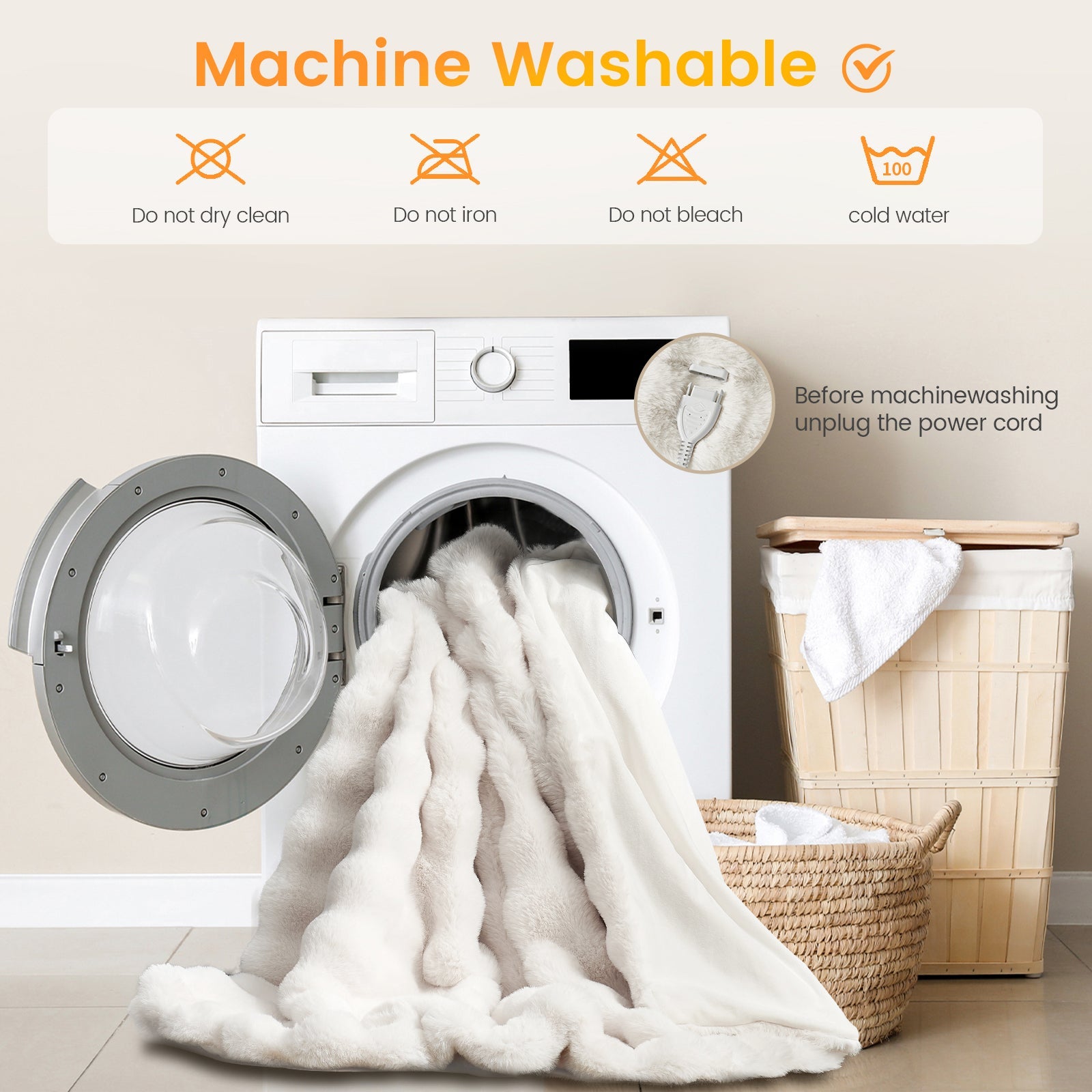 Bubble faux fur electric blanket in Cream White placed in washing machine, highlighting machine washable design with detachable controller #color_Cream White