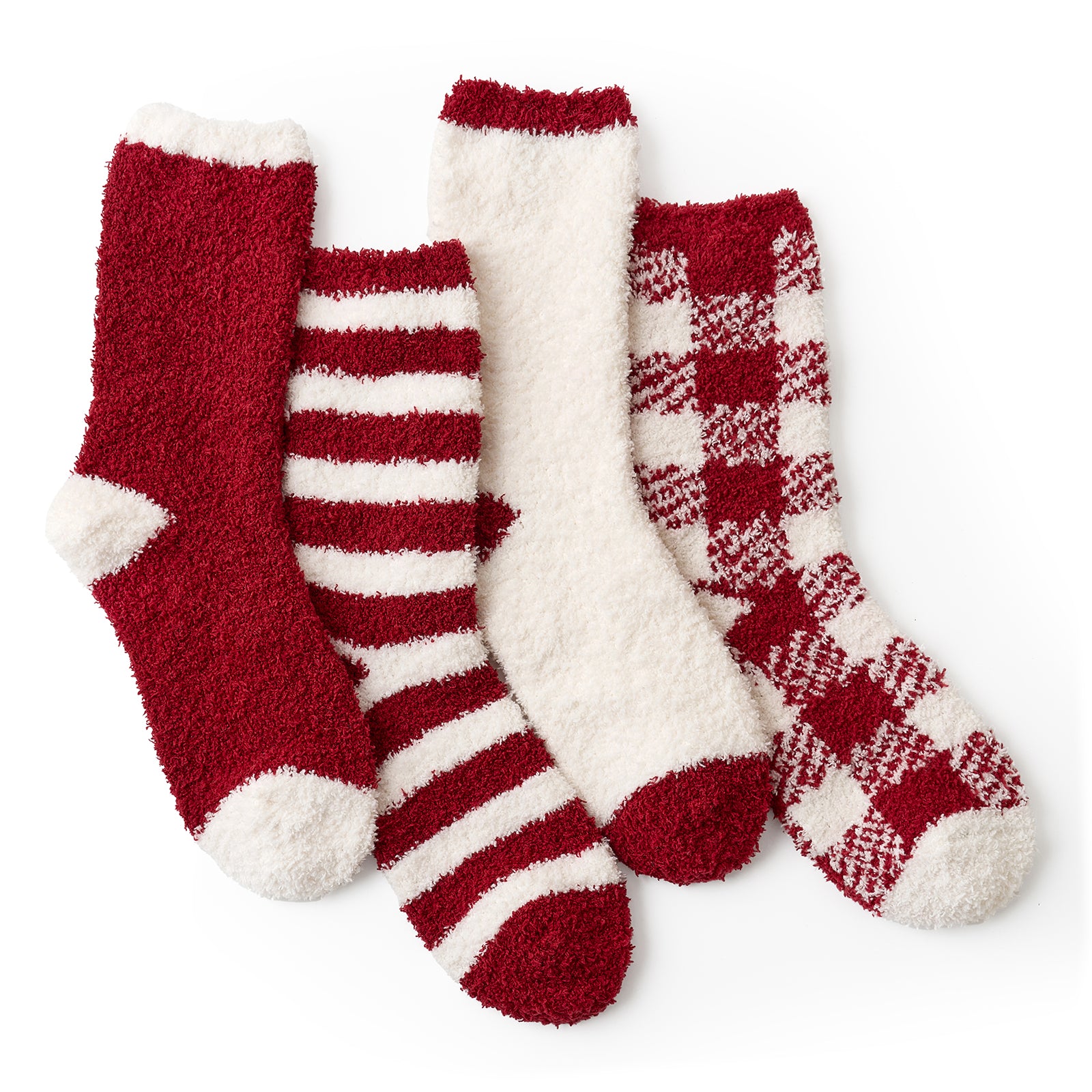 Women checkered and striped socks 4 pairs in Red front view showcasing cozy fuzzy fabric and assorted styles #color_Red