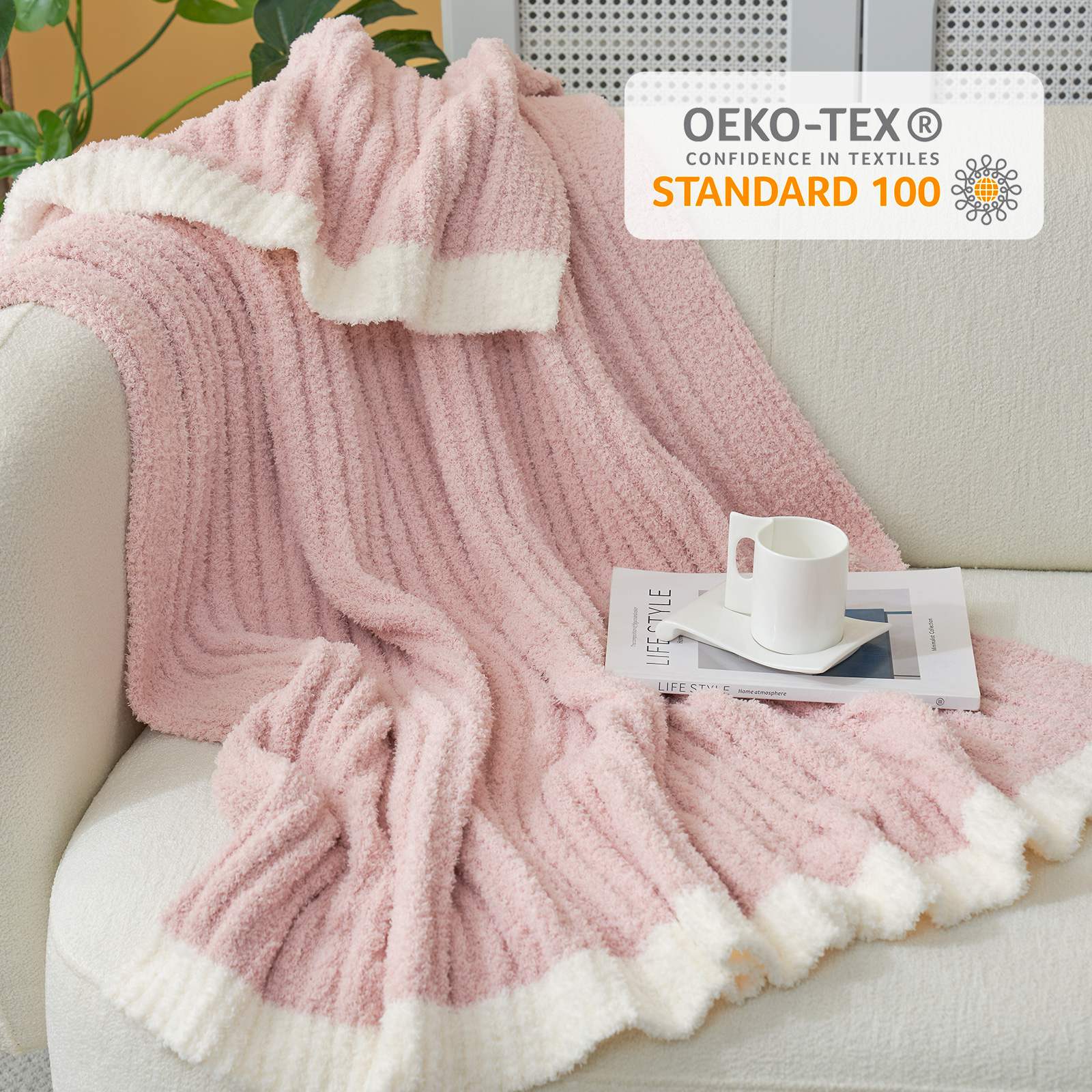 Snuggle Sac UltraSoft Ribbed Feather Yarn Knit Throw Blanket with OEKO-TEX Certificate#Color_Pink