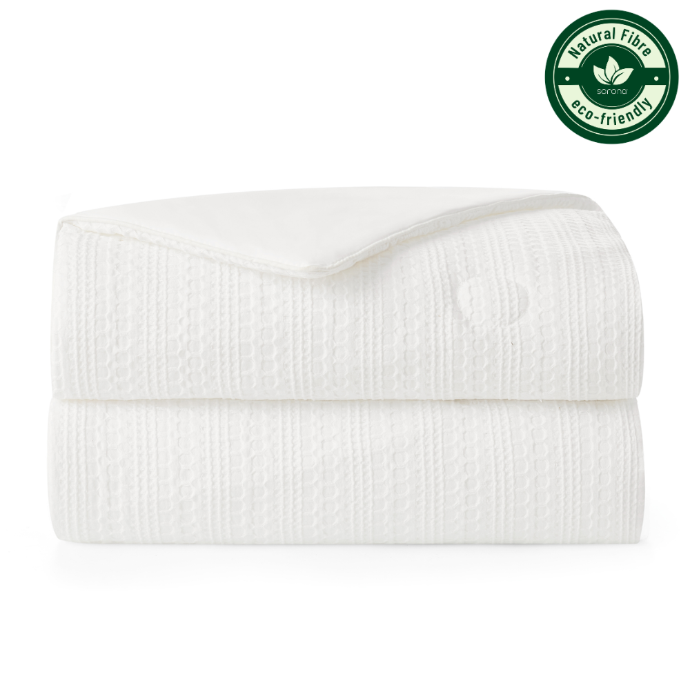 Folded Snuggle Sac Natural Fiber Waffle Cooling Comforter, featuring Sorona natural fiber#color_White