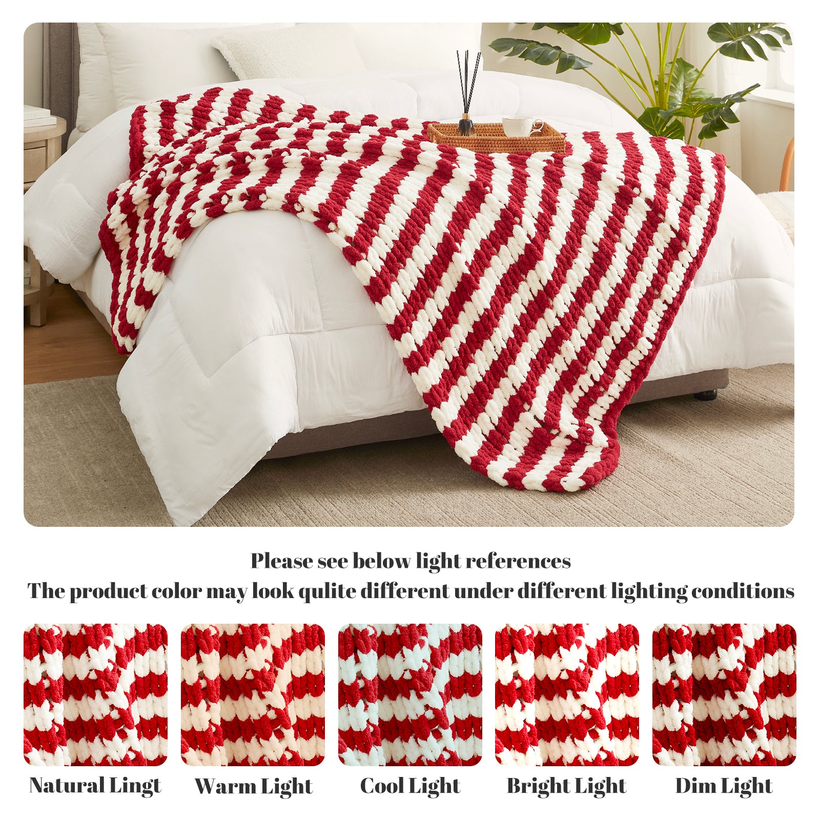 Striped chunky chenille knit throw blanket in Red Stripe shown under different lighting conditions including natural warm and cool light #color_Red Stripe