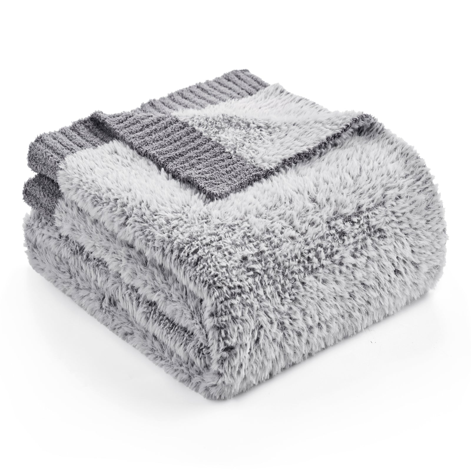 Snuggle Sac ultrasoft faux fur knit throw blanket in Gray folded front view #color_Gray