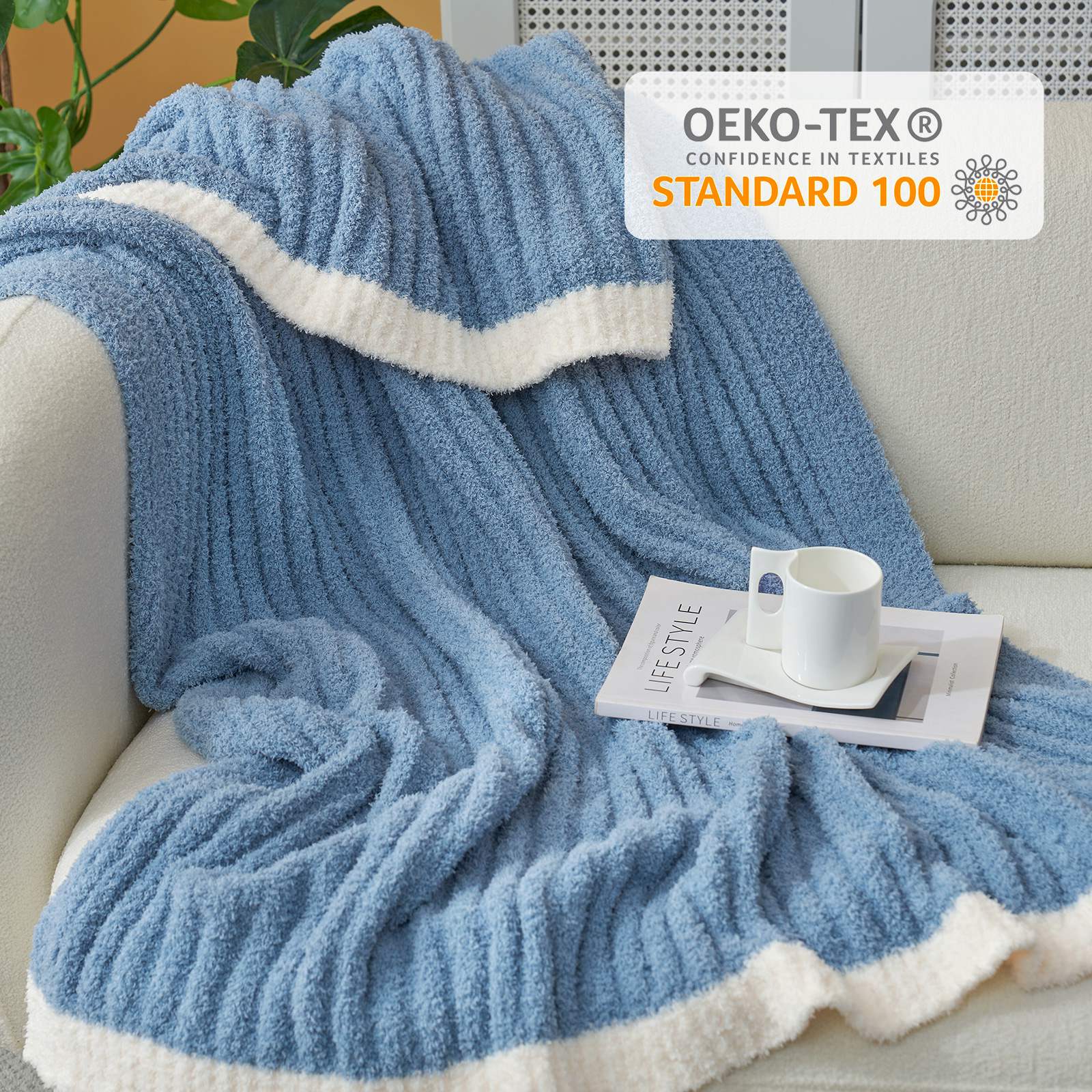 Snuggle Sac UltraSoft Ribbed Feather Yarn Knit Throw Blanket with OEKO-TEX Certificate#Color_Blue