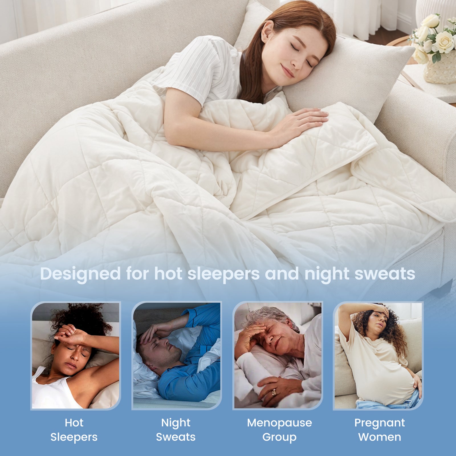 Snuggle Sac White chill weave cooling blanket for hot sleepers, night sweat, menopause group and pregnant women. #Color_White