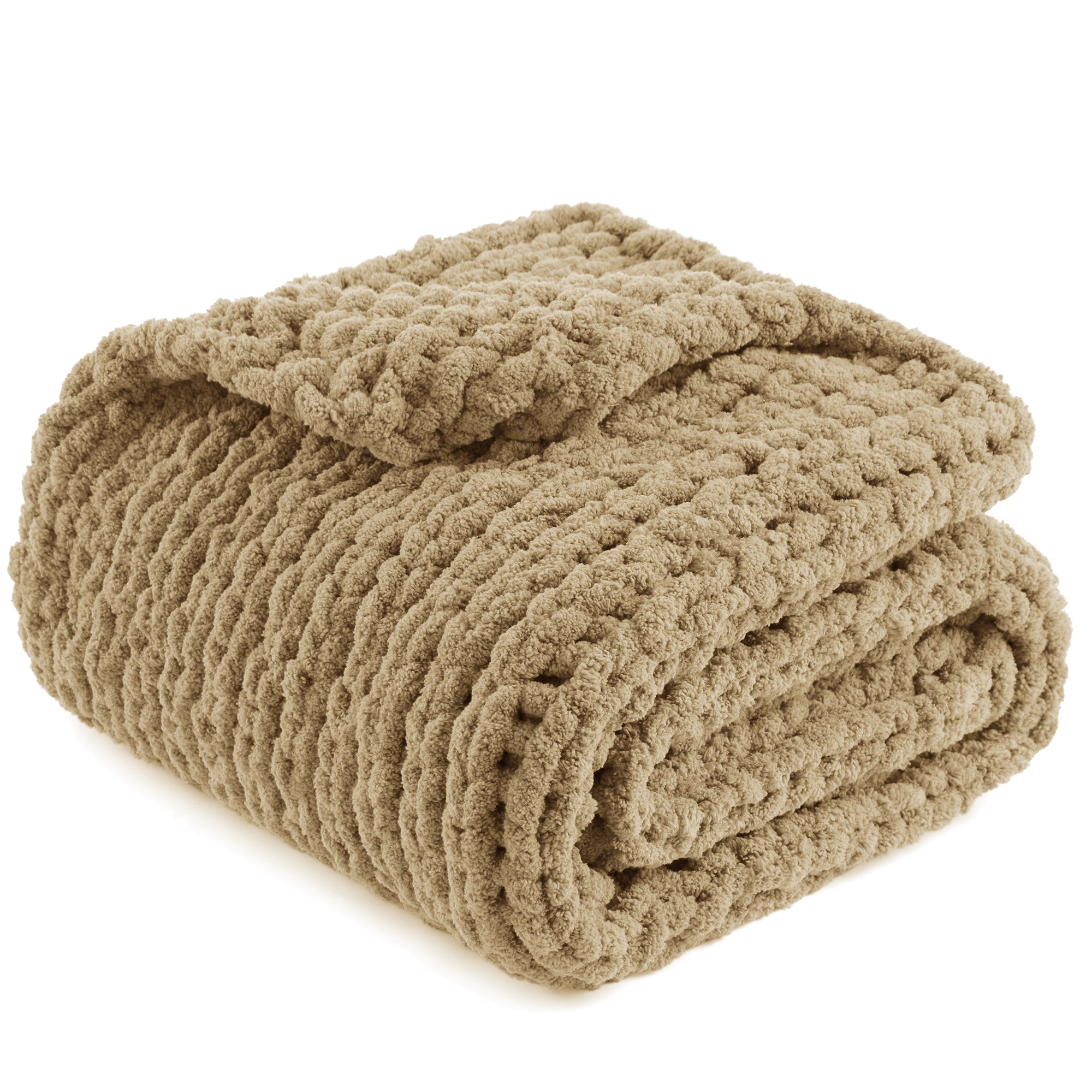 Snuggle Sac solid yarn chunky knit throw blanket in Beige neatly folded front view #color_Beige