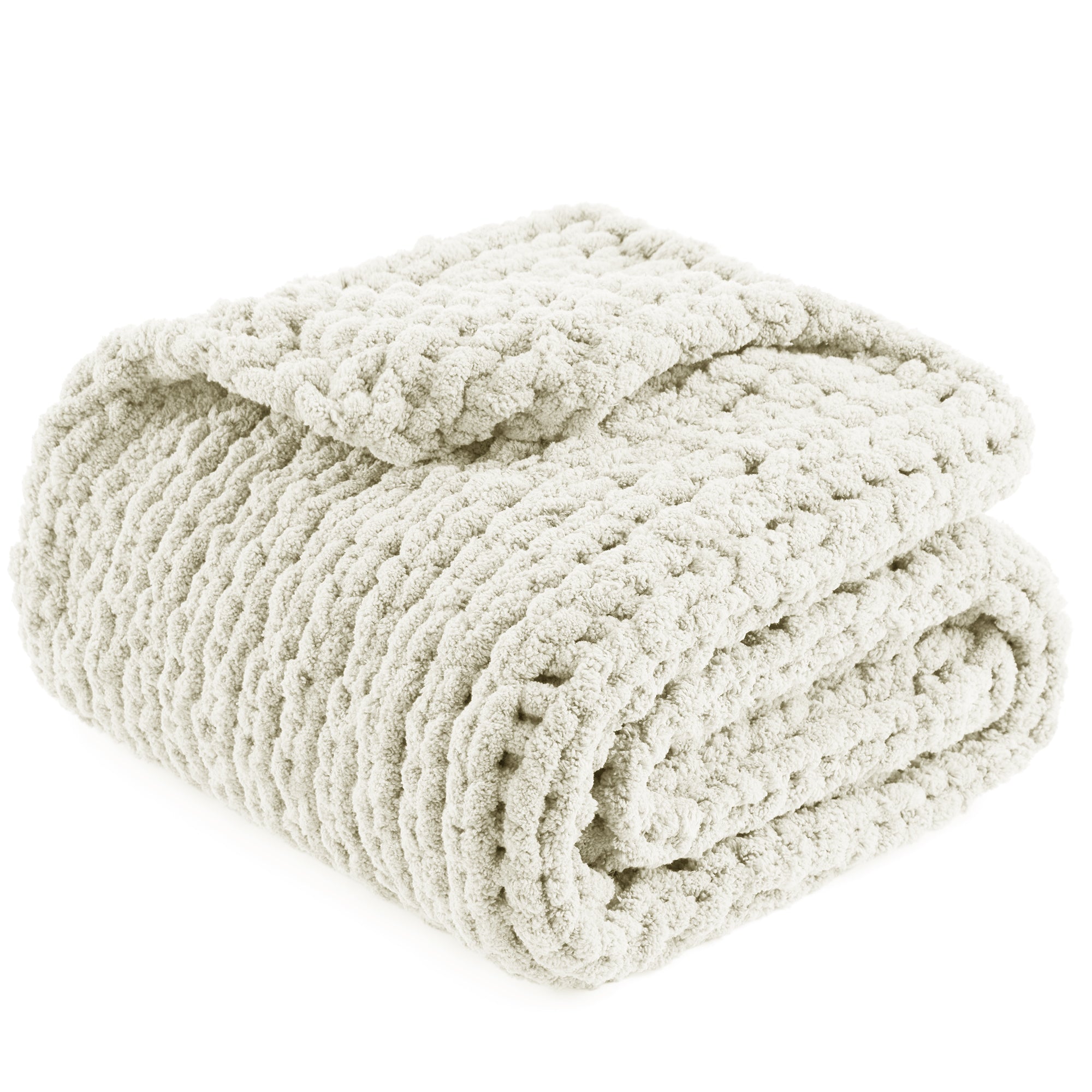 Snuggle Sac solid yarn chunky knit throw blanket in Ivory neatly folded front view #color_Ivory