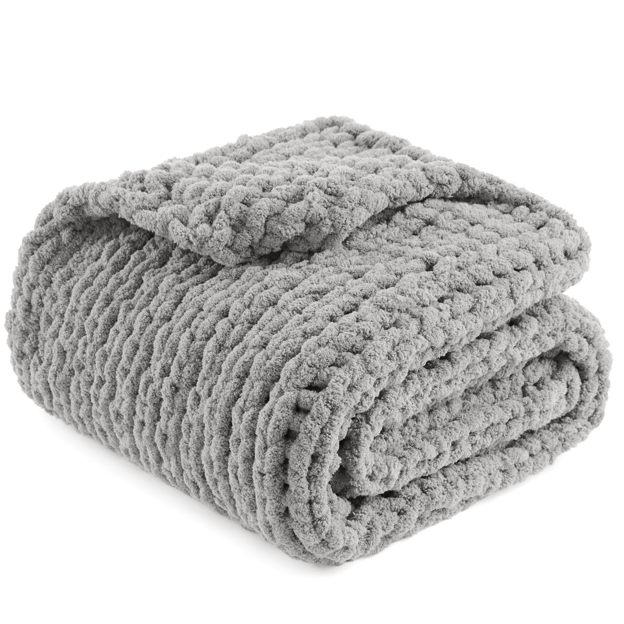 Snuggle Sac solid yarn chunky knit throw blanket in Light Grey neatly folded front view #color_Light Grey
