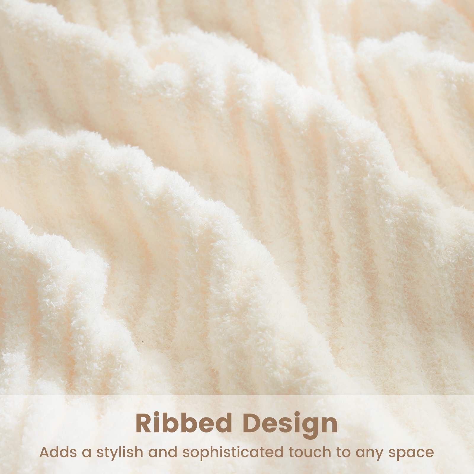 Close up of Snuggle Sac UltraSoft Ribbed Feather Yarn Knit Throw Blanket with ribbed design#Color_Cream