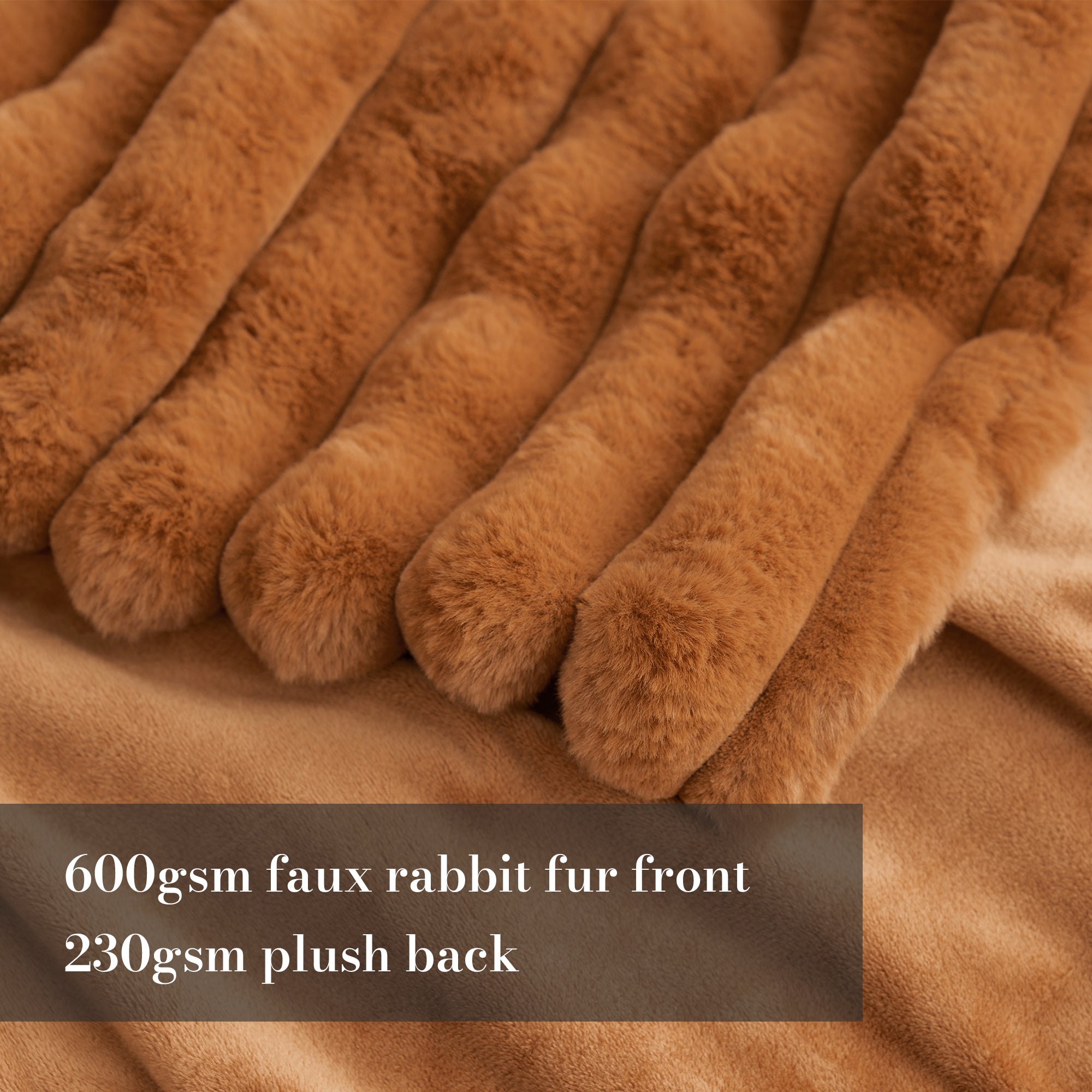 Close up of striped faux fur throw blanket in Burnt Orange, showcasing 600gsm faux rabbit fur front and 230gsm plush backing #color_Burnt Orange