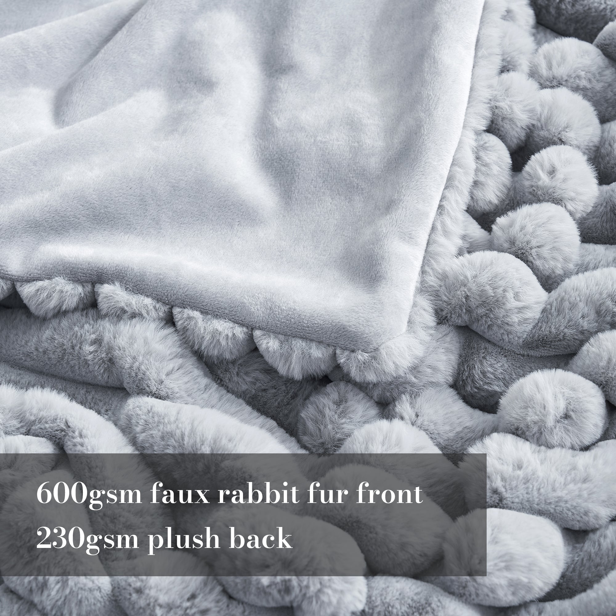Close up of striped faux fur throw blanket in Light Grey, showcasing 600gsm faux rabbit fur front and 230gsm plush backing #color_Light Grey