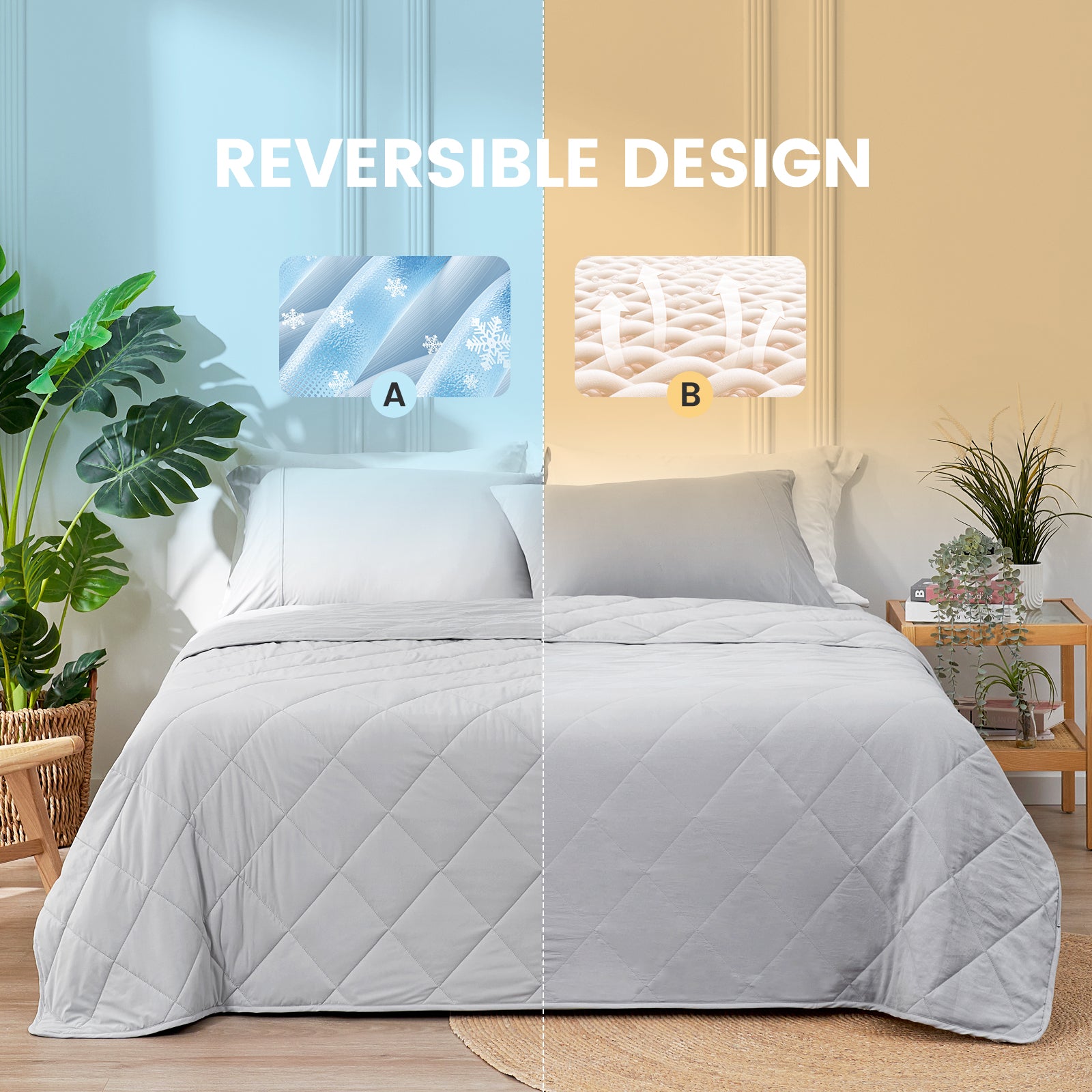 Gray cooling comforter with reversible design#color_Light Grey