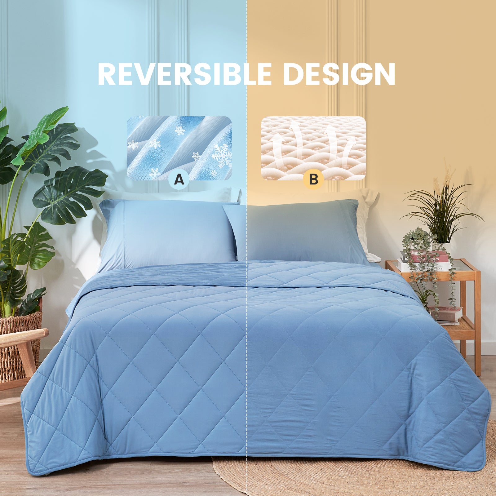 Blue cooling comforter with reversible design.#color_Dark Blue