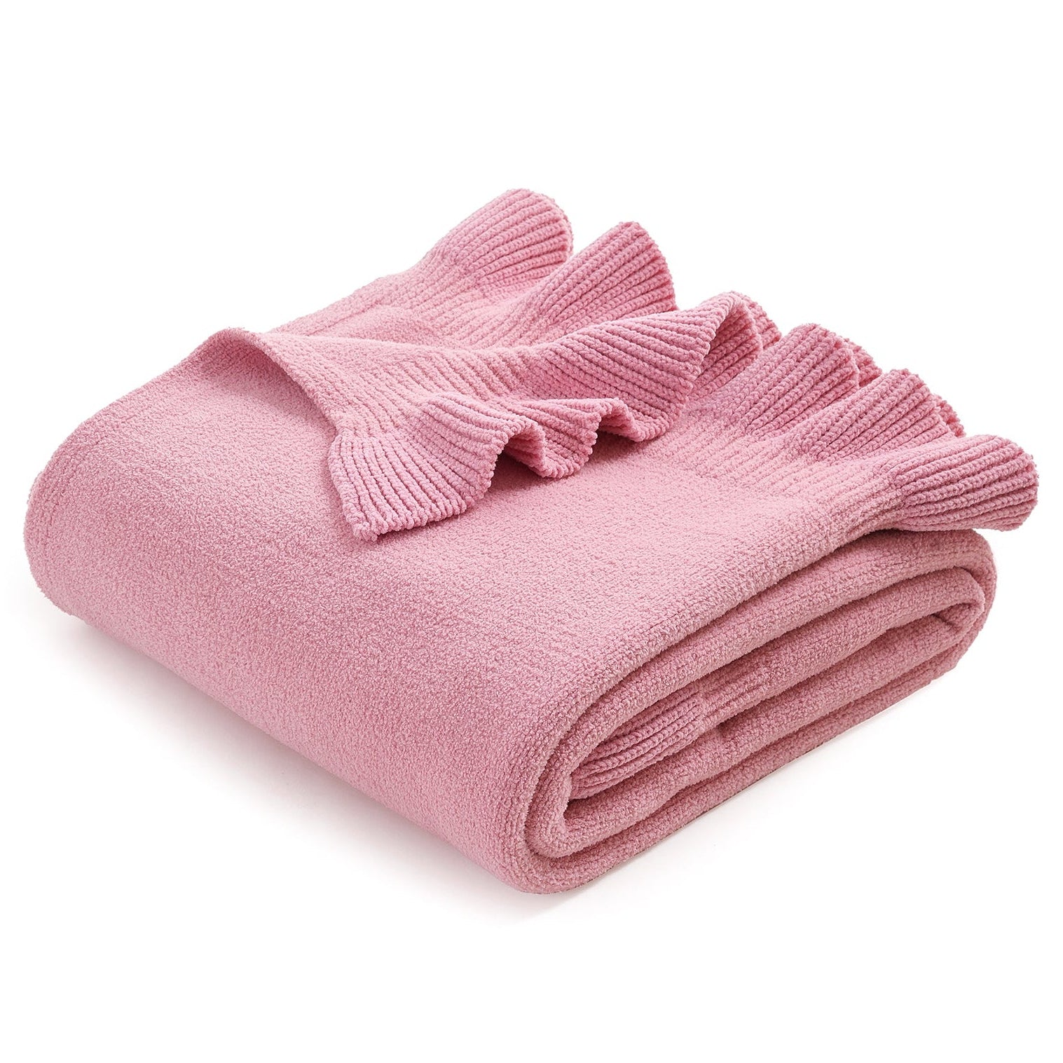 Snuggle Sac Valentine pink ruffle chenille knit throw blanket in Pink, folded front view #color_Pink