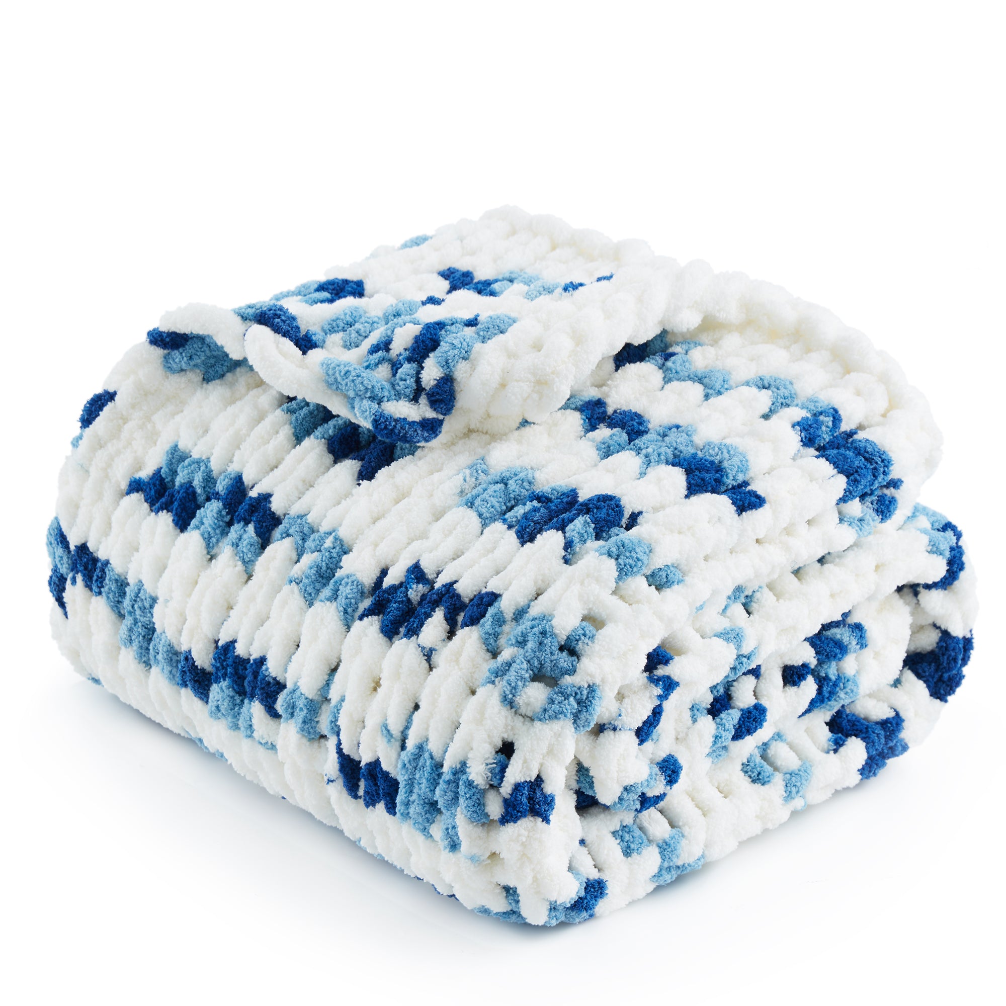 Snuggle Sac handmade chunky chenille knit throw blanket in Blue Stripe folded front view #color_Blue Stripe