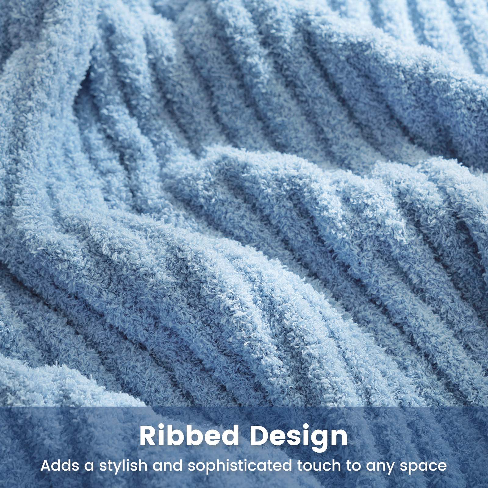 Close up of Snuggle Sac UltraSoft Ribbed Feather Yarn Knit Throw Blanket with ribbed design#Color_Blue