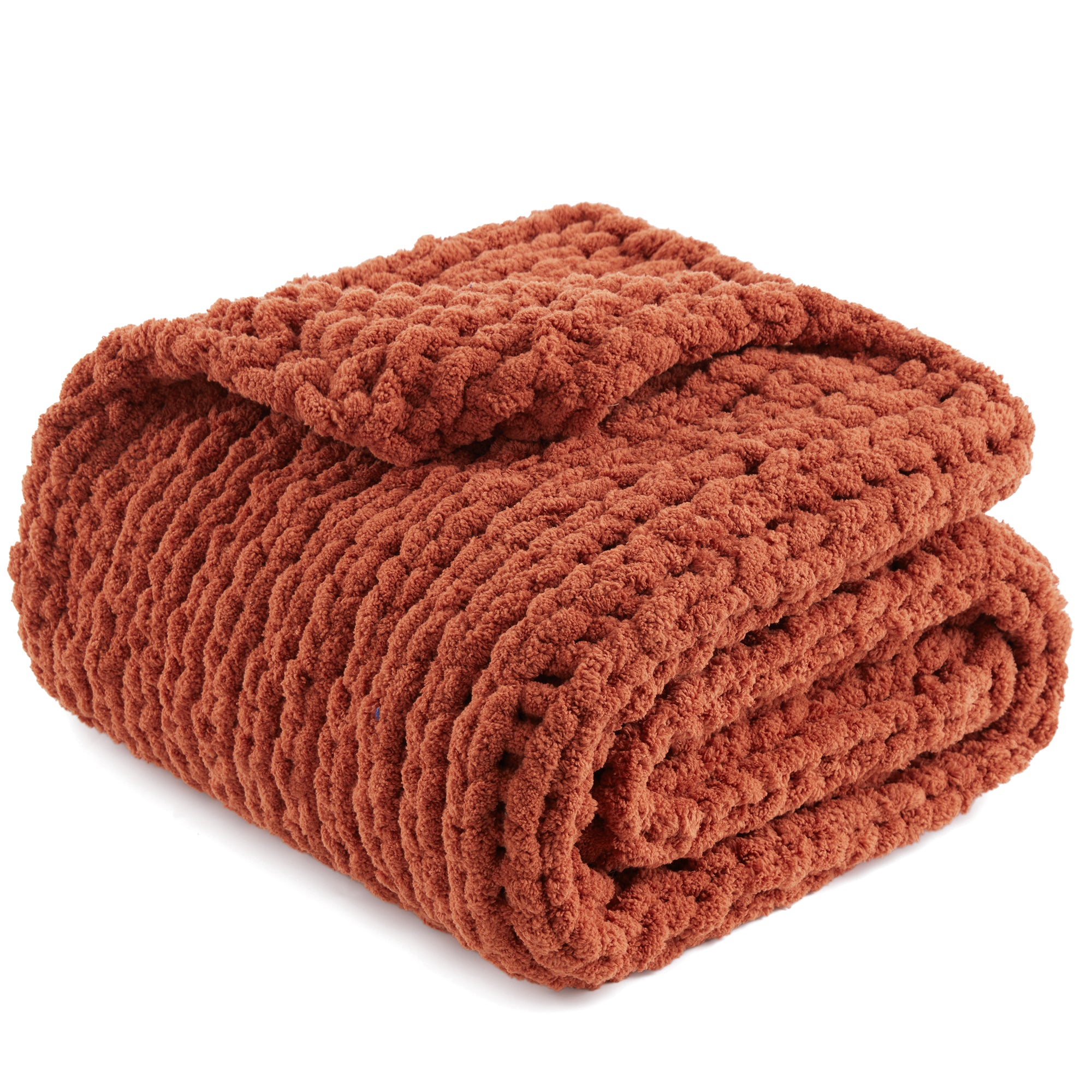 Snuggle Sac solid yarn chunky knit throw blanket in Burnt Orange neatly folded front view #color_Burnt Orange