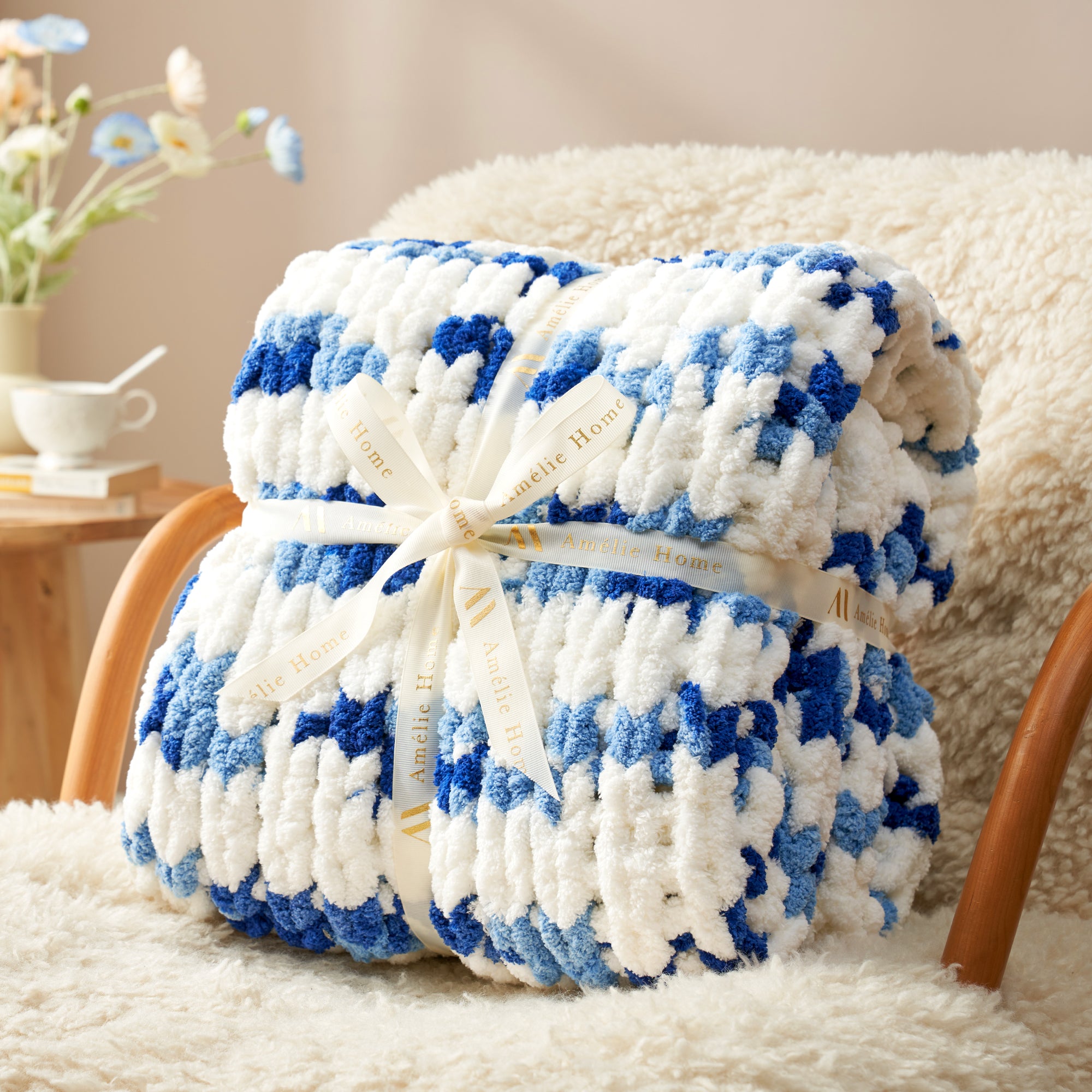 Handmade chunky chenille knit throw blanket in Blue Stripe folded with ribbon perfect for gifting #color_Blue Stripe