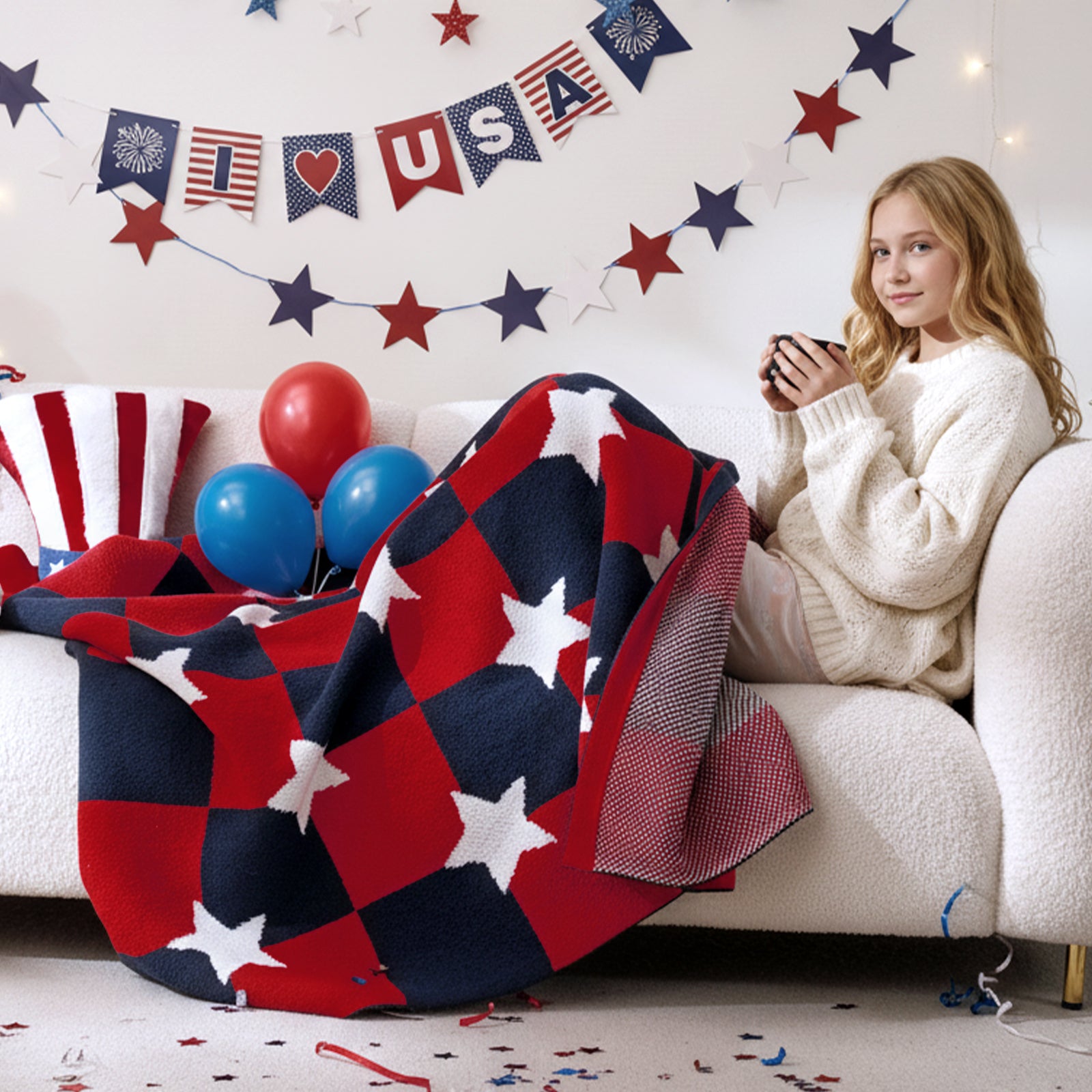 Woman relaxing on sofa with a Snuggle Sac Independent Day chenille knit throw blanket in Red White holding a cup in a festive setting #color_Red White