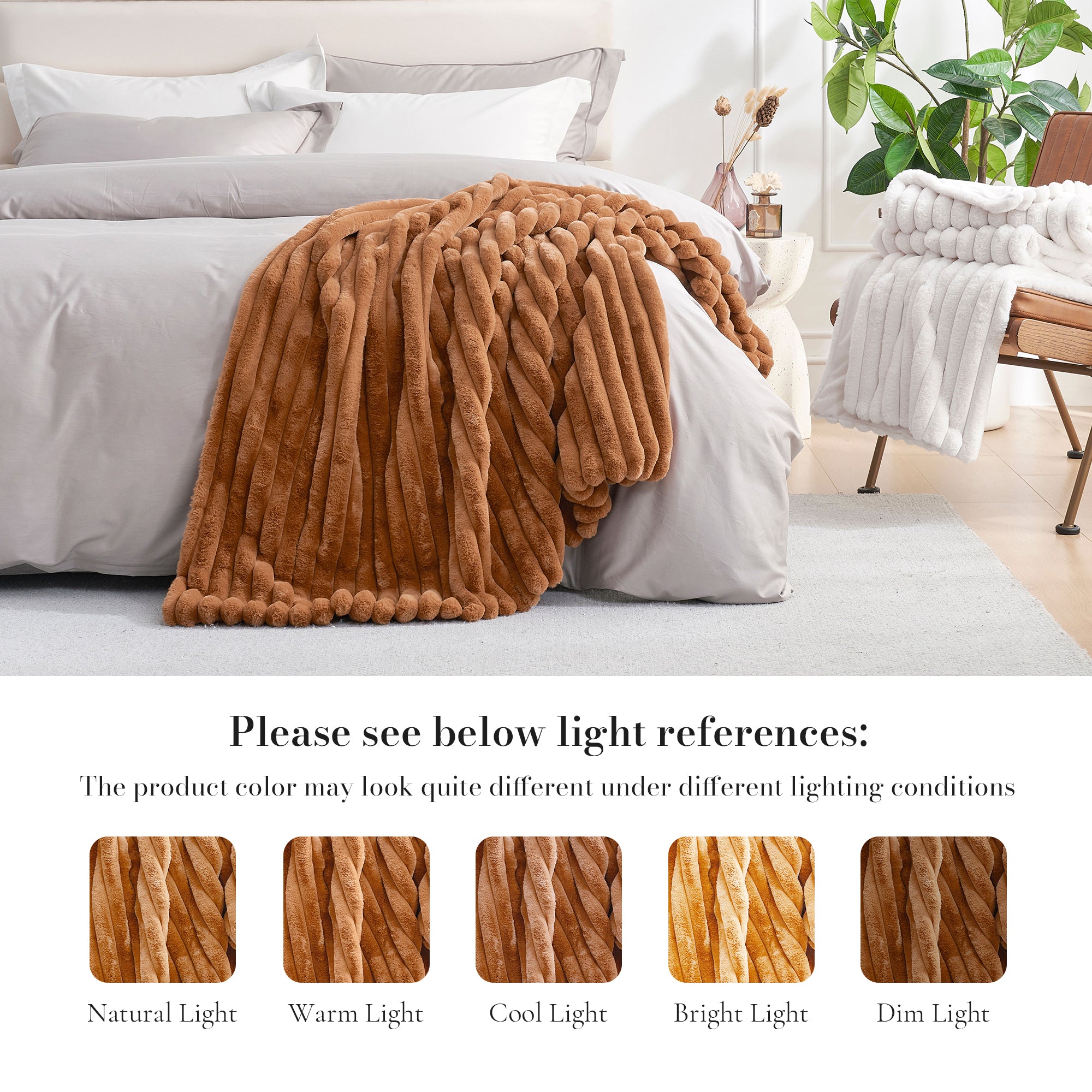 Striped faux fur throw blanket in Burnt Orange displayed on bed with lighting reference, showing color variations under different lighting conditions #color_Burnt Orange