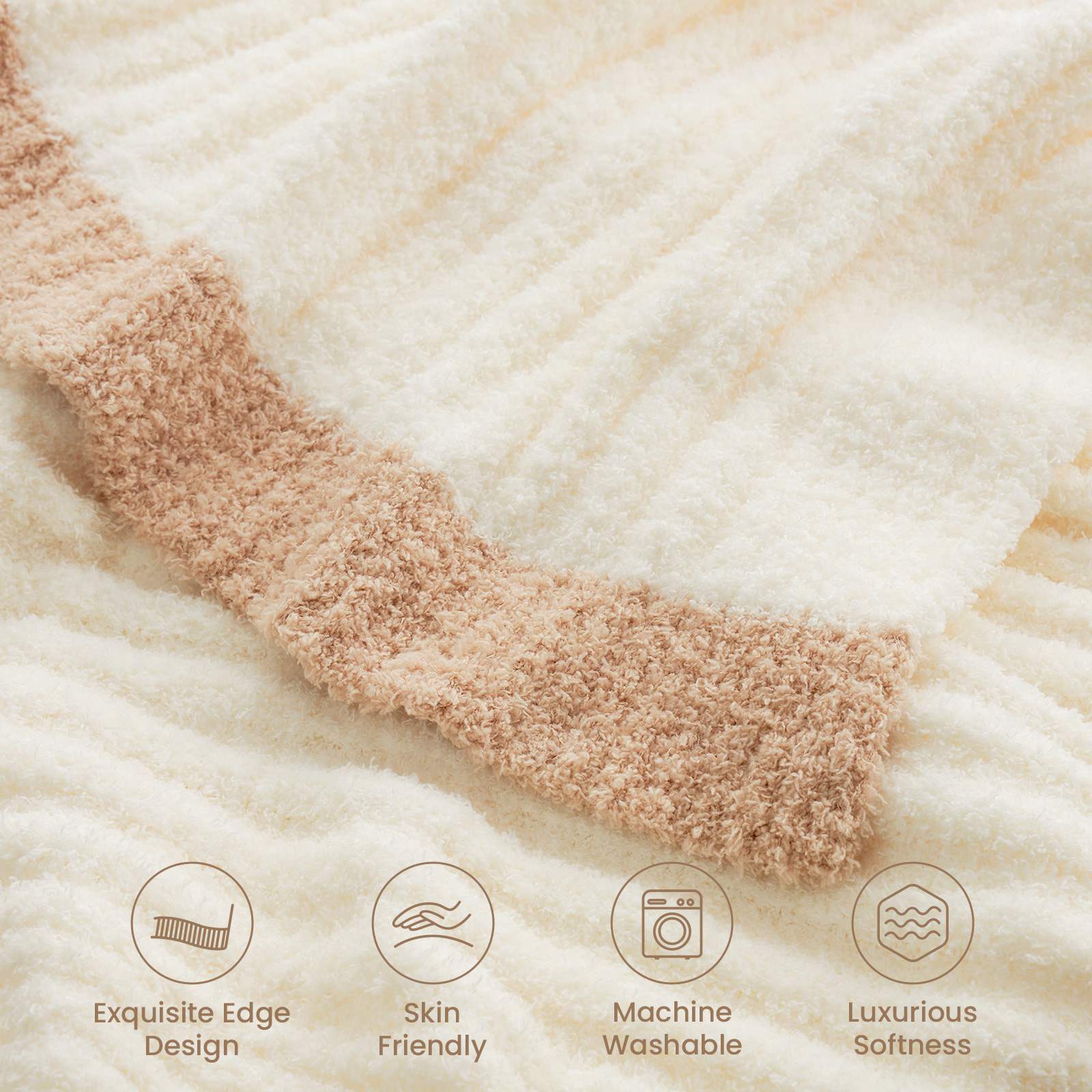 Close up of Snuggle Sac UltraSoft Ribbed Feather Yarn Knit Throw Blanket with 4 qualities #Color_Cream