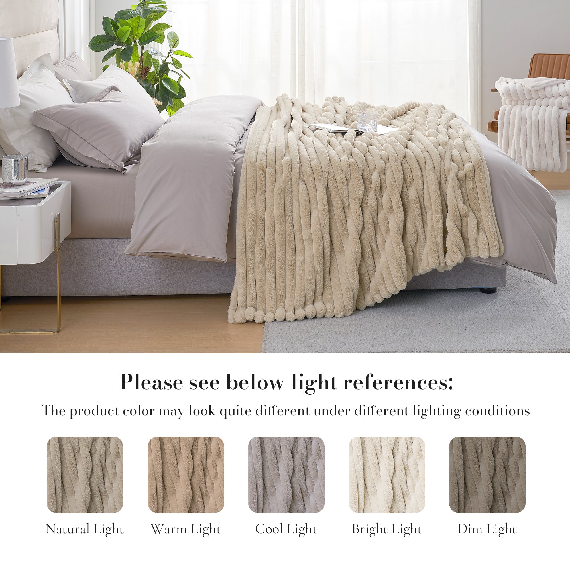 Striped faux fur throw blanket in Beige displayed on bed with lighting reference, showing color variations under different lighting conditions #color_Beige