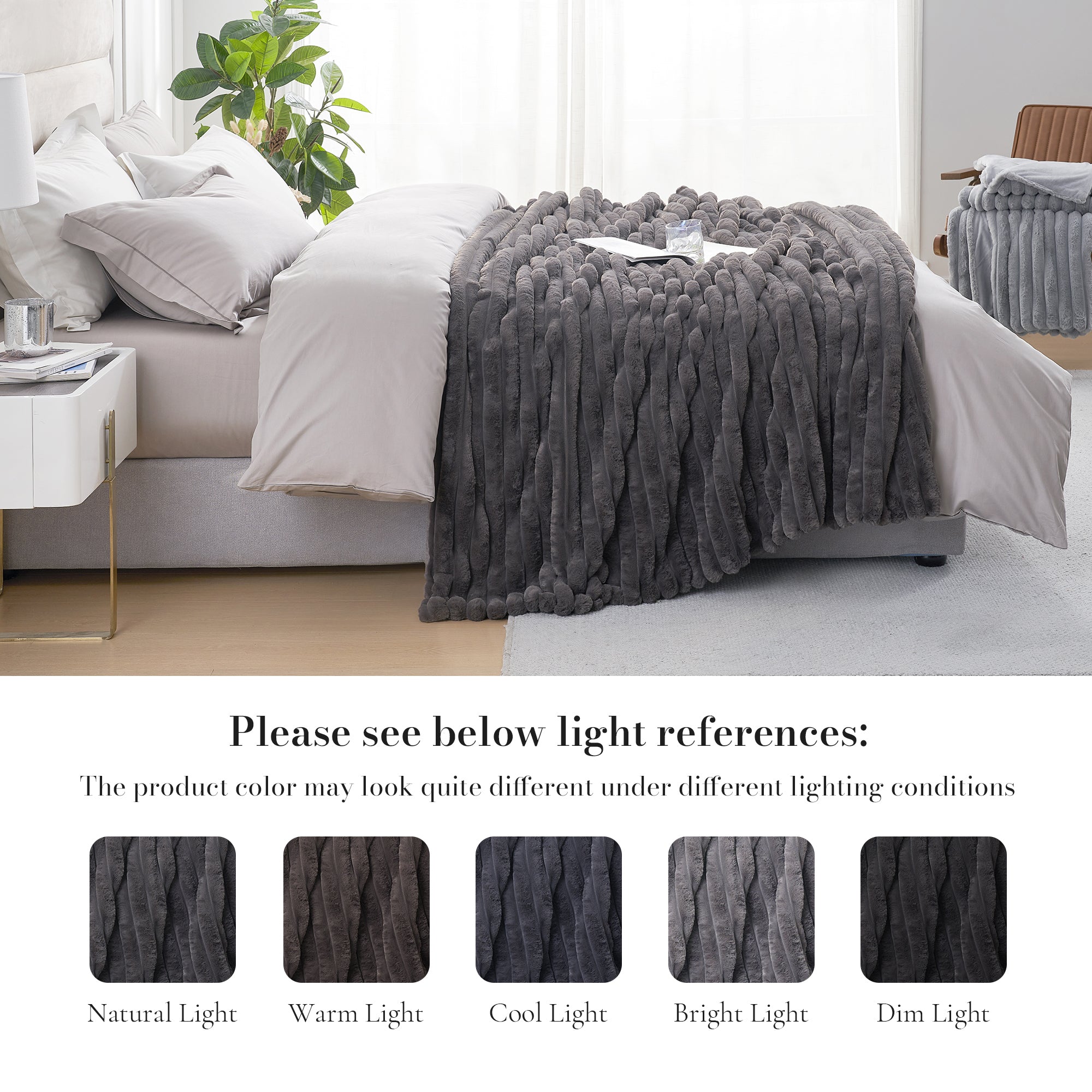 Striped faux fur throw blanket in Charcoal Grey displayed on bed with lighting reference, showing color variations under different lighting conditions #color_Charcoal Grey