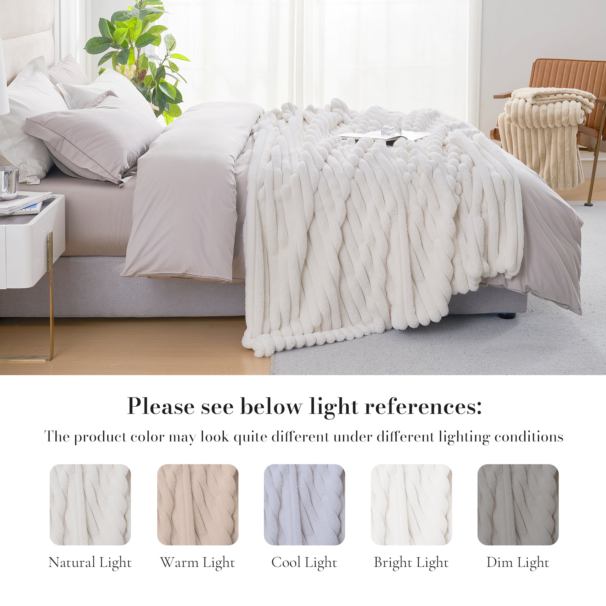 Striped faux fur throw blanket in Ivory displayed on bed with lighting reference, showing color variations under different lighting conditions #color_Ivory