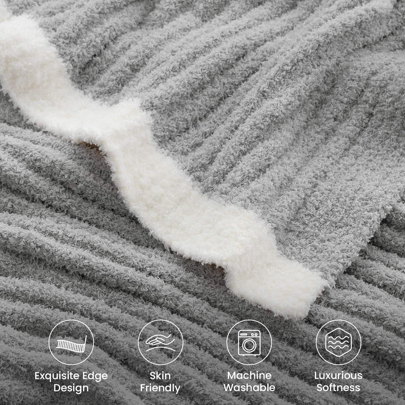 Close up of Snuggle Sac UltraSoft Ribbed Feather Yarn Knit Throw Blanket with 4 qualities#Color_Grey