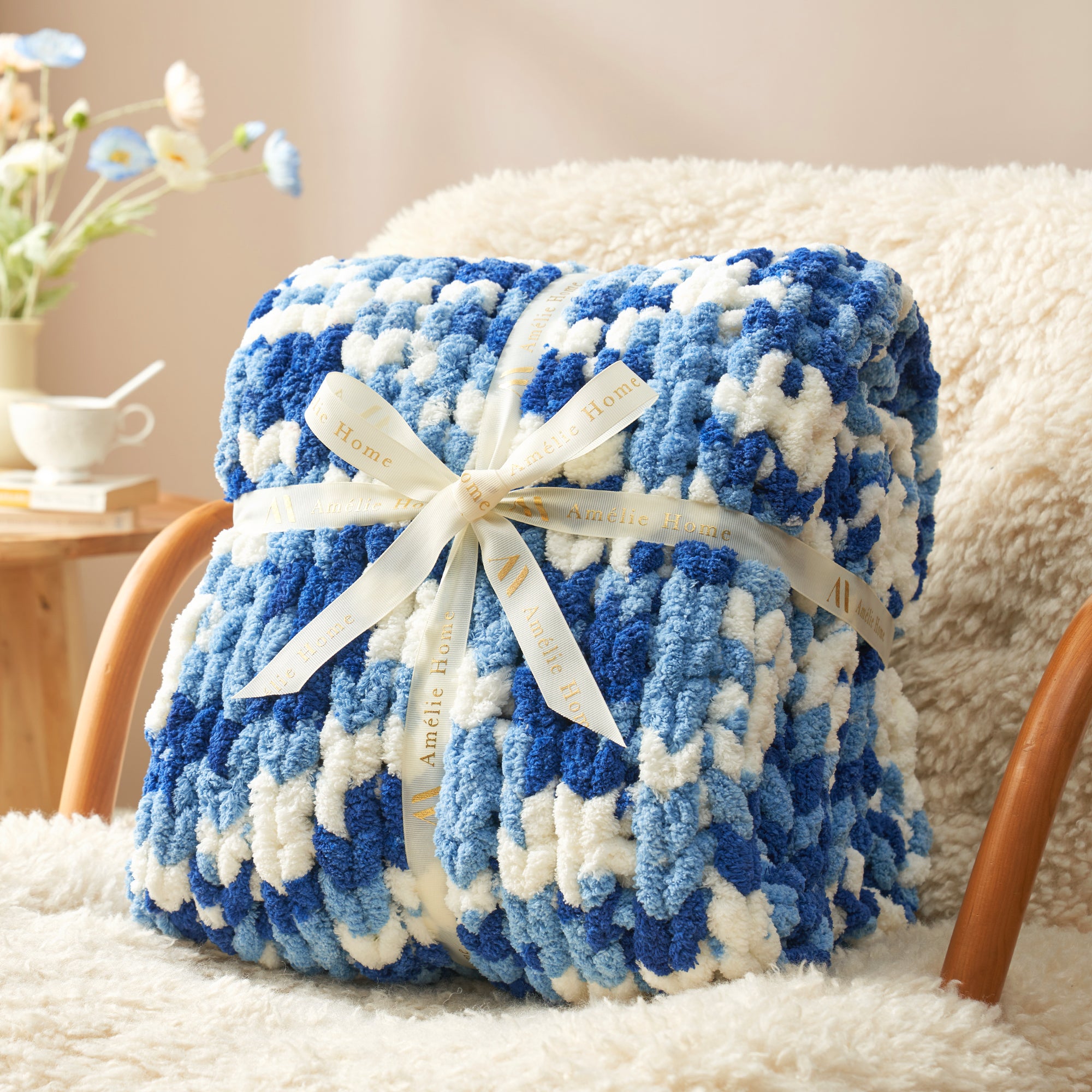 Handmade chunky chenille knit throw blanket in Blue folded with ribbon perfect for gifting #color_Blue