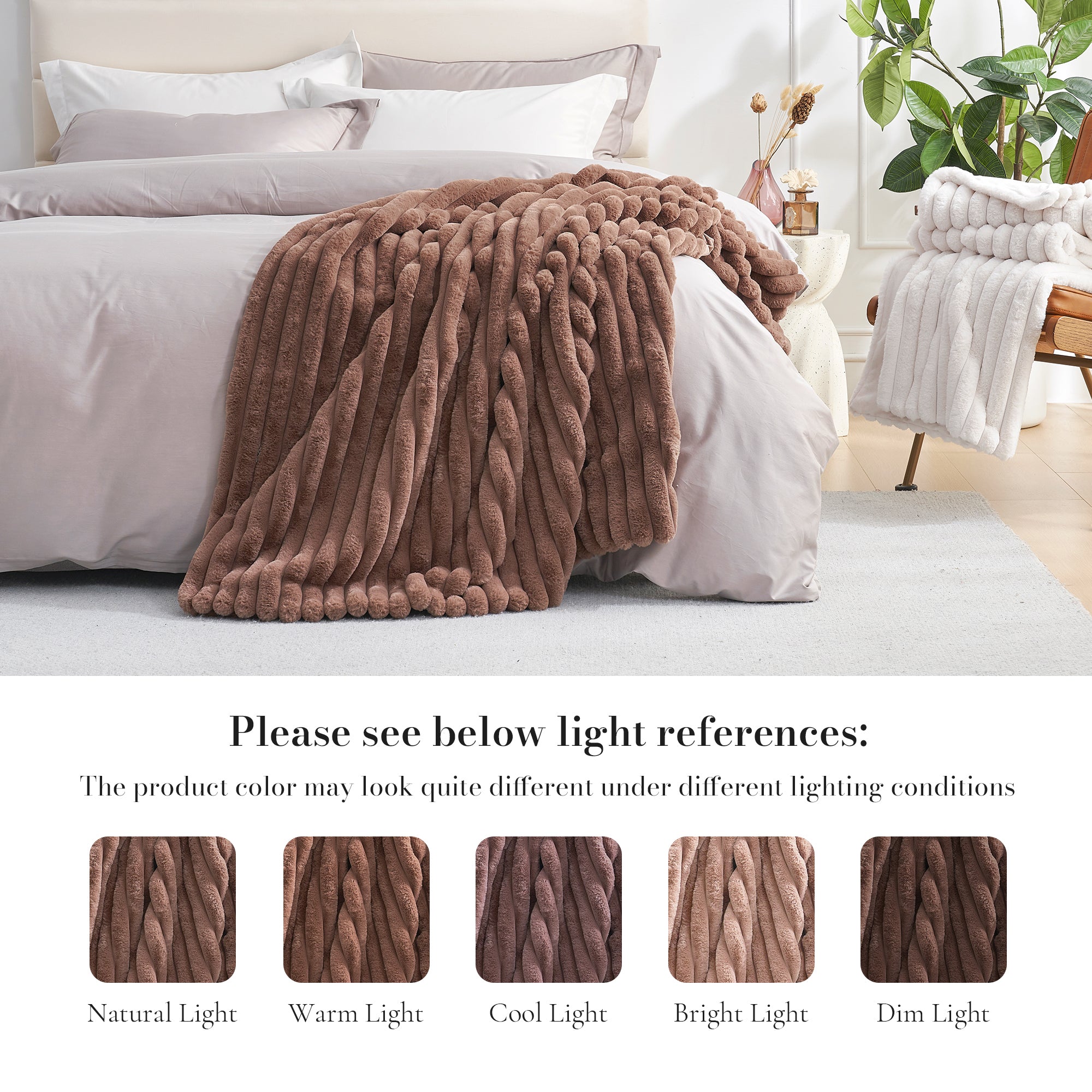 Striped faux fur throw blanket in Light coffee displayed on bed with lighting reference, showing color variations under different lighting conditions #color_Light Coffee