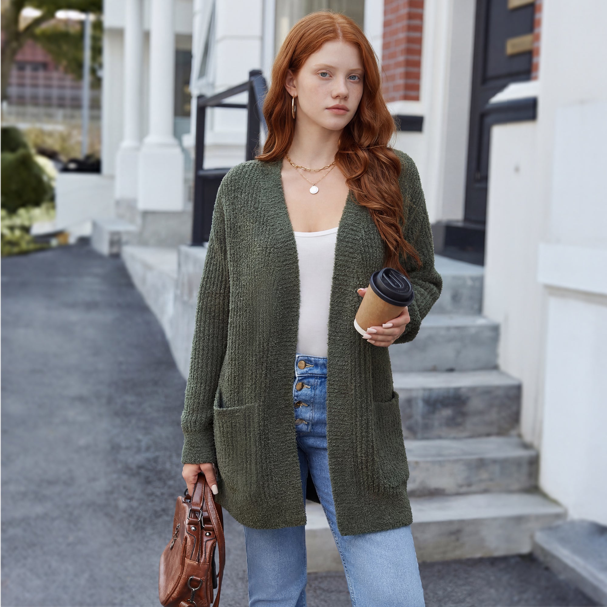 Snuggle Sac women cardigan sweater with pocket in Army Green, full body front view with a relaxed and casual street style look #color_Army Green