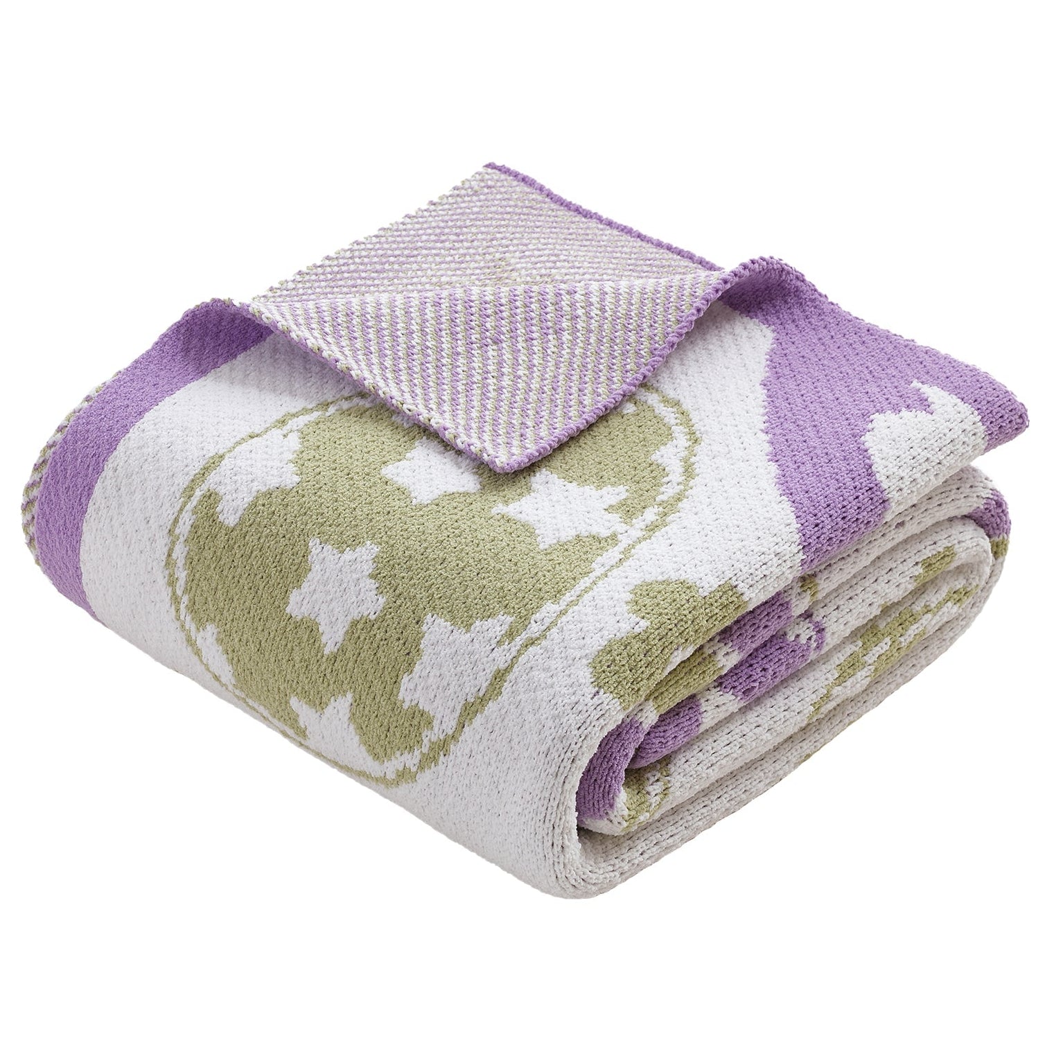 Snuggle Sac Easter bunny and eggs chenille knit throw blanket in purple folded front view #color_Purple
