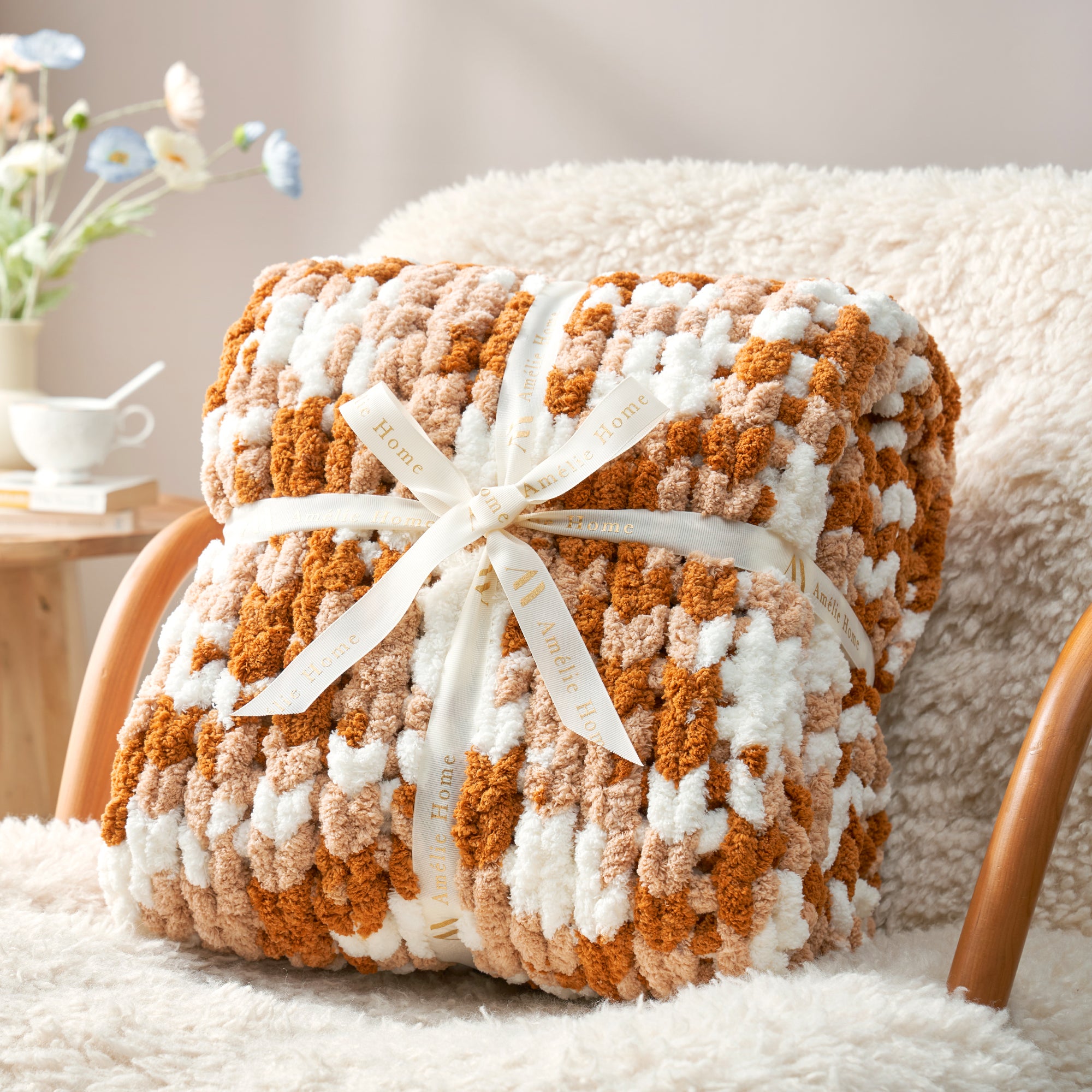 Handmade chunky chenille knit throw blanket in Burnt Orange folded with ribbon perfect for gifting #color_Burnt Orange