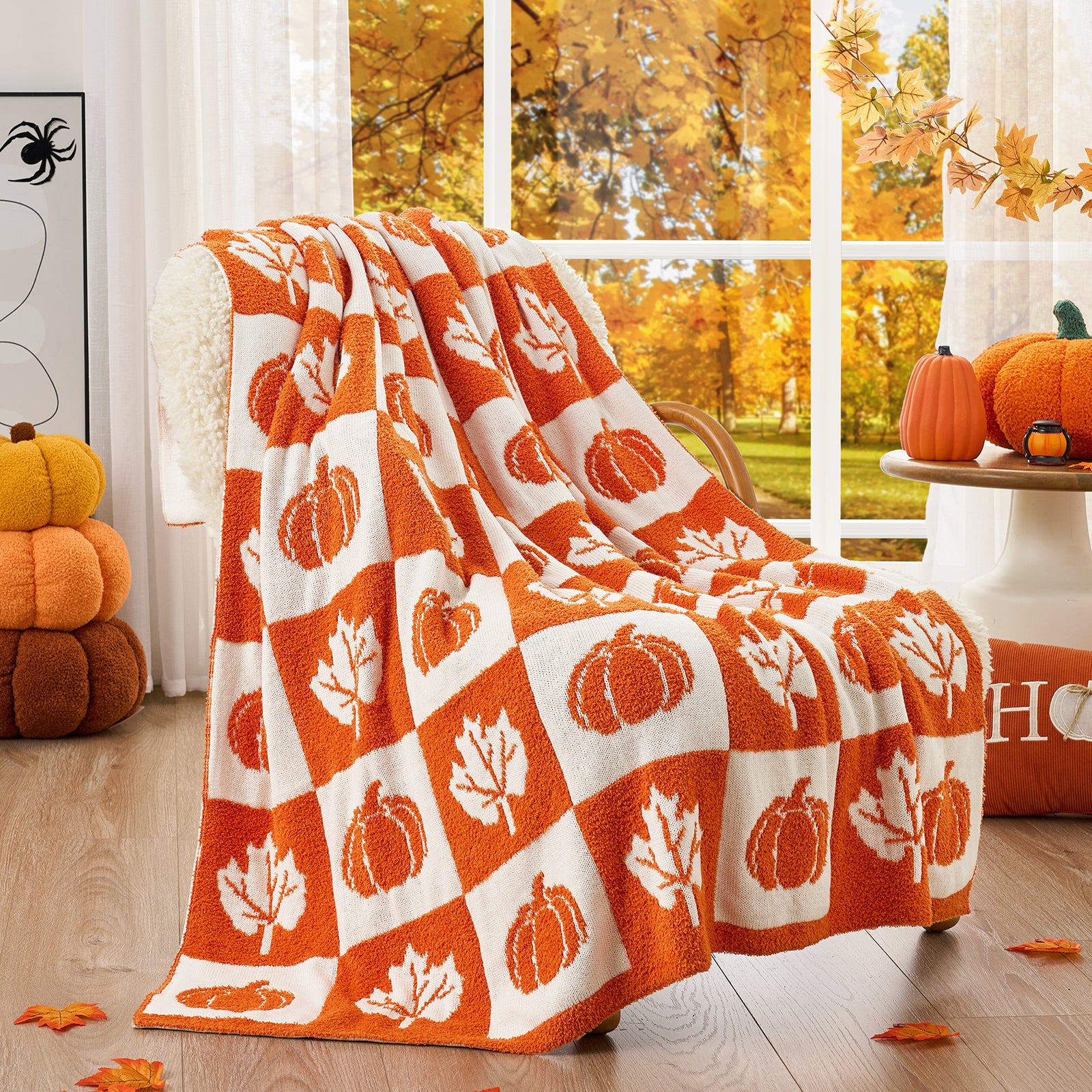MochiSoft™ Checkered Pumpkin Maple Leaf Throw Blanket
