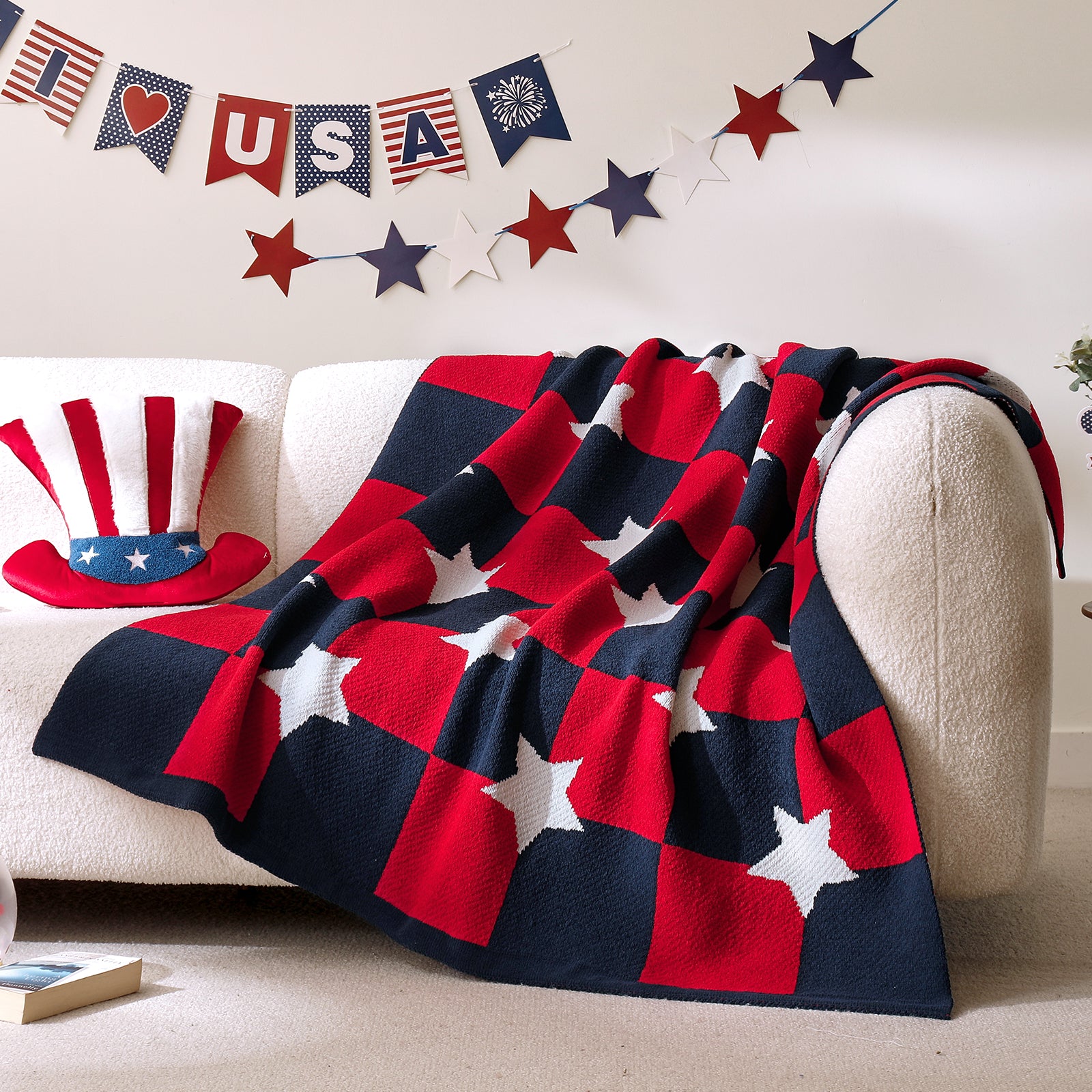 Independent Day chenille knit throw blanket in Red White draped over a sofa creating a patriotic holiday decor #color_Red White