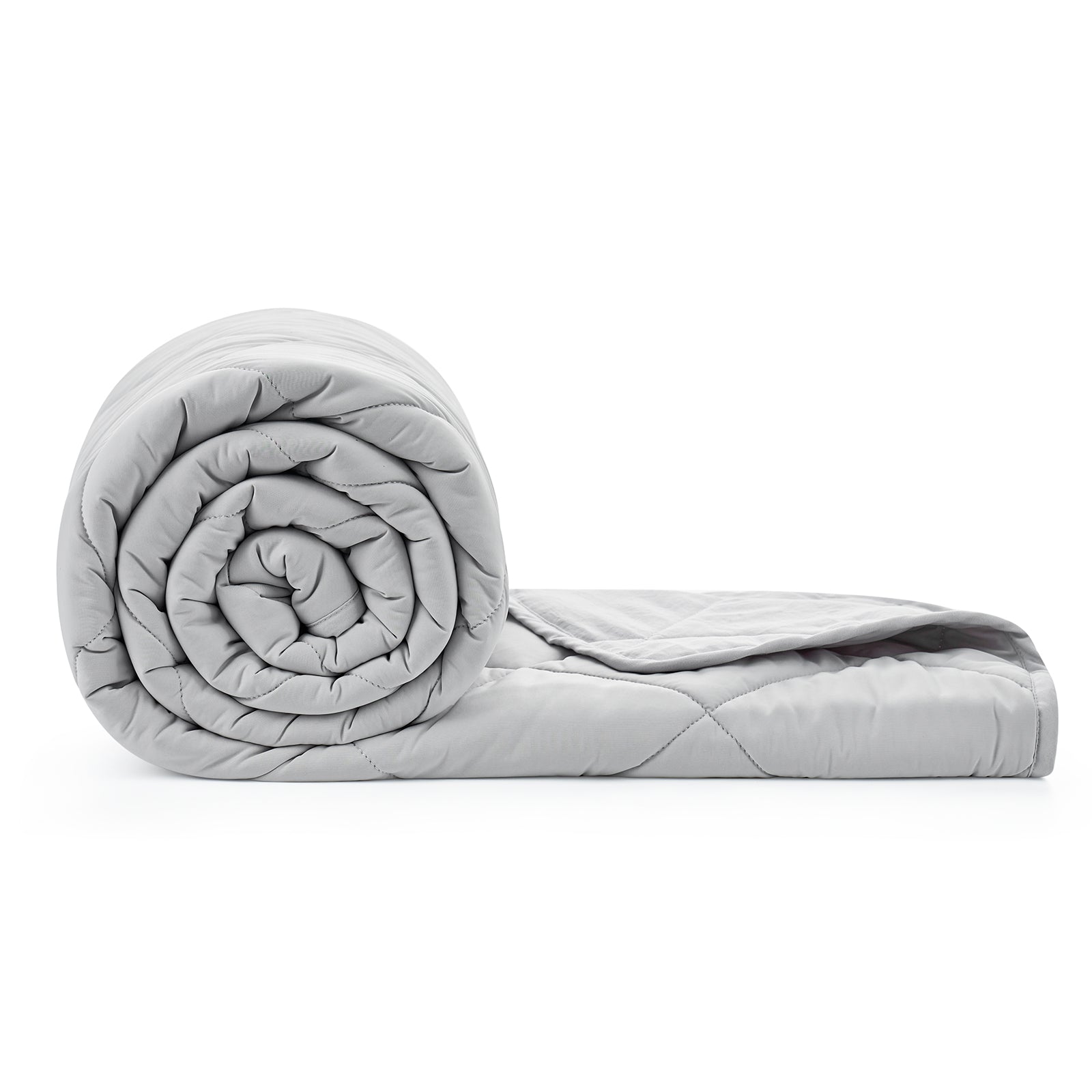 Snuggle Sac Rolled-up gray cooling comforter on a white background.#color_Light Grey
