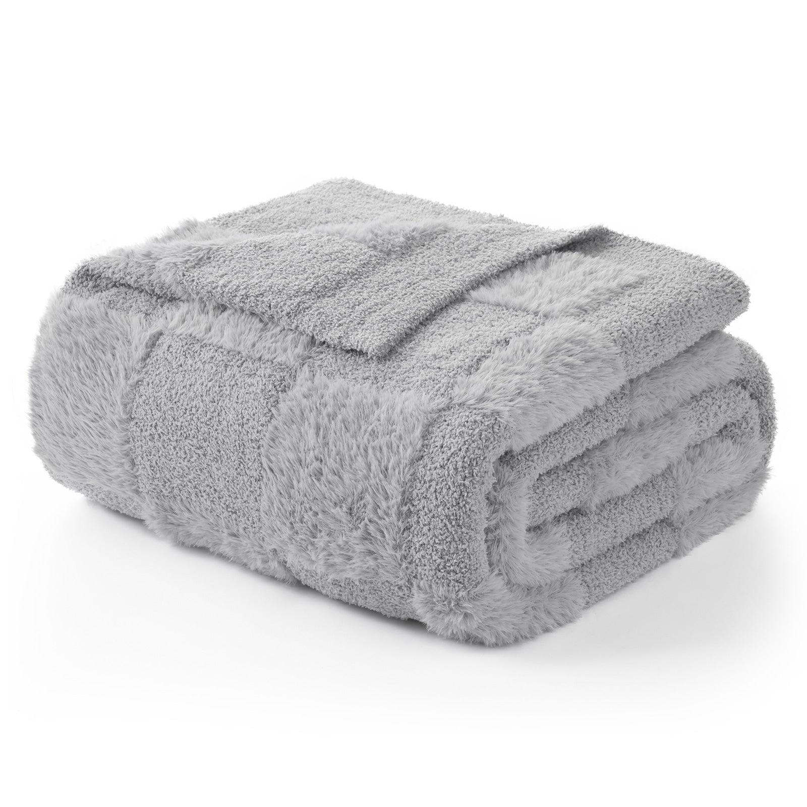 Folded Checkered Faux Fur Microfiber Blanket - #Color_Solid Light Grey