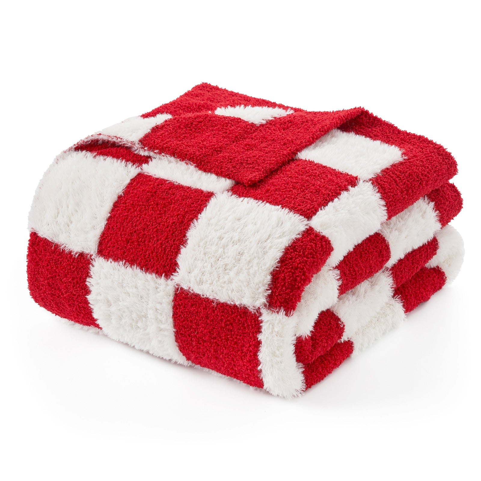 Folded UltraCozy Checkered Feather Yarn Knit Throw Blanket#Color_Red/Cream