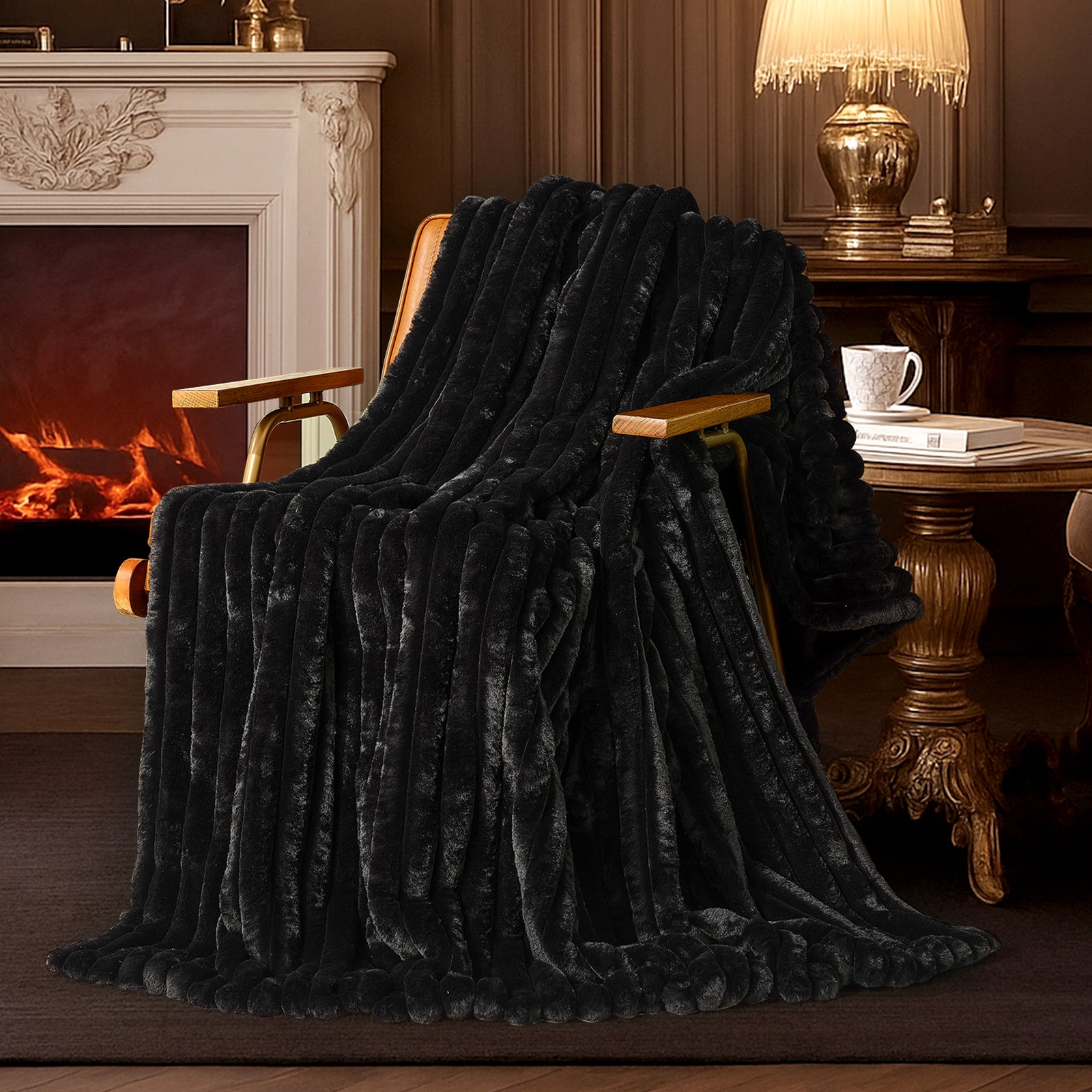 Snuggle Sac striped faux fur throw blanket in Black draped over a chair near a fireplace, creating a warm and inviting atmosphere #color_Black