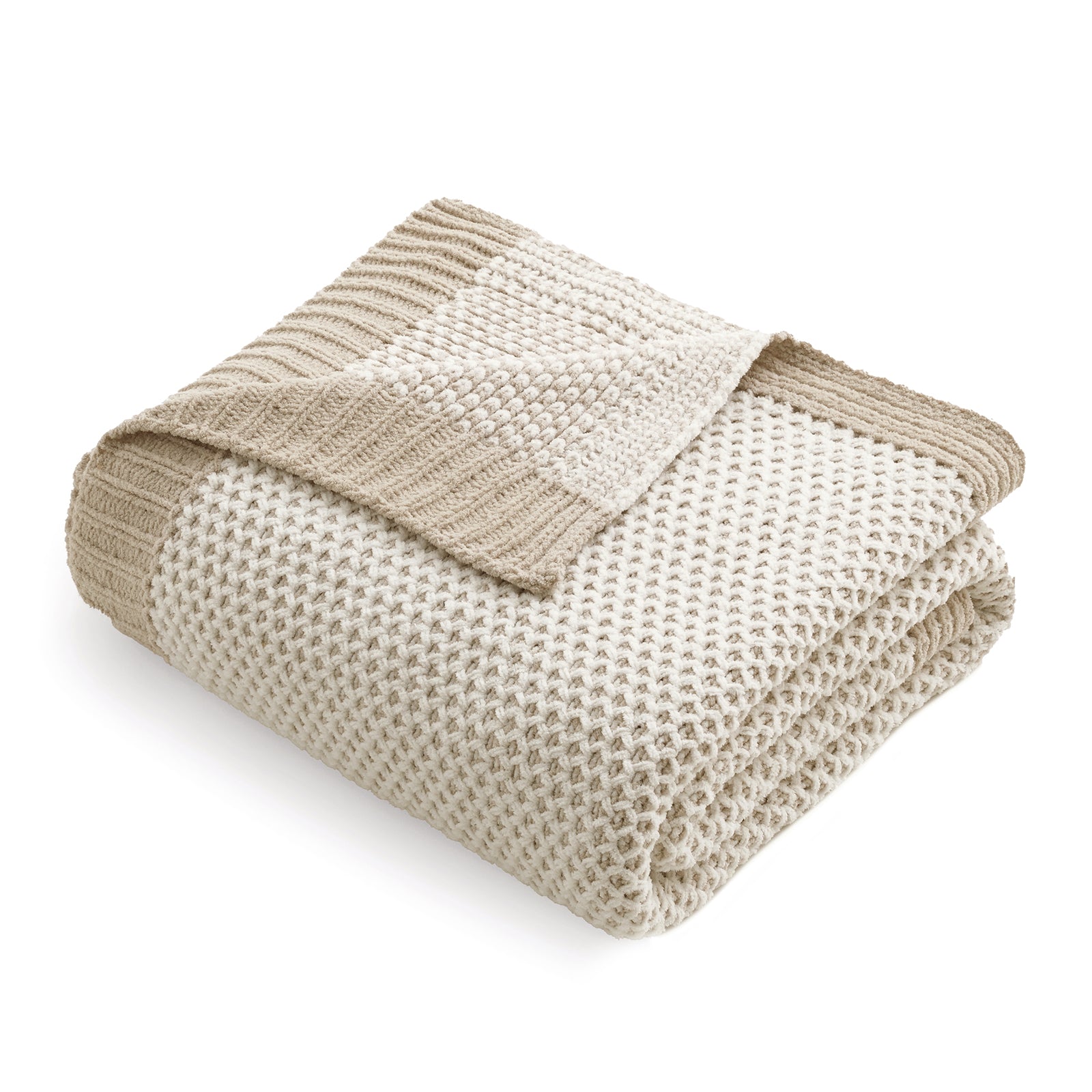 Snuggle Sac two tone honeycomb chenille knit throw blanket in Khaki and White folded front view #color_Khaki