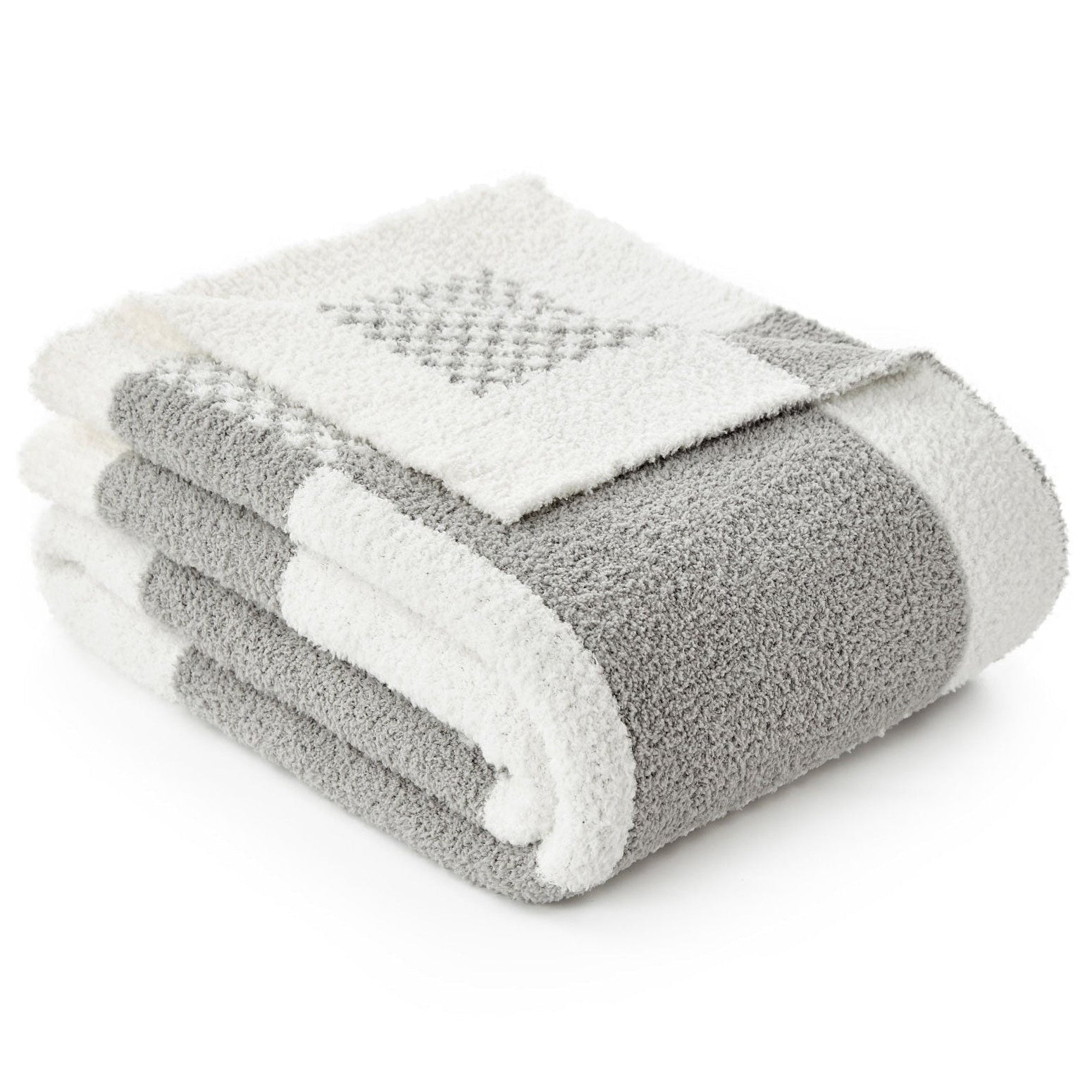 Folded Snuggle Sac Checkered Feather Yarn Knit Throw Blanket#Color_Grey