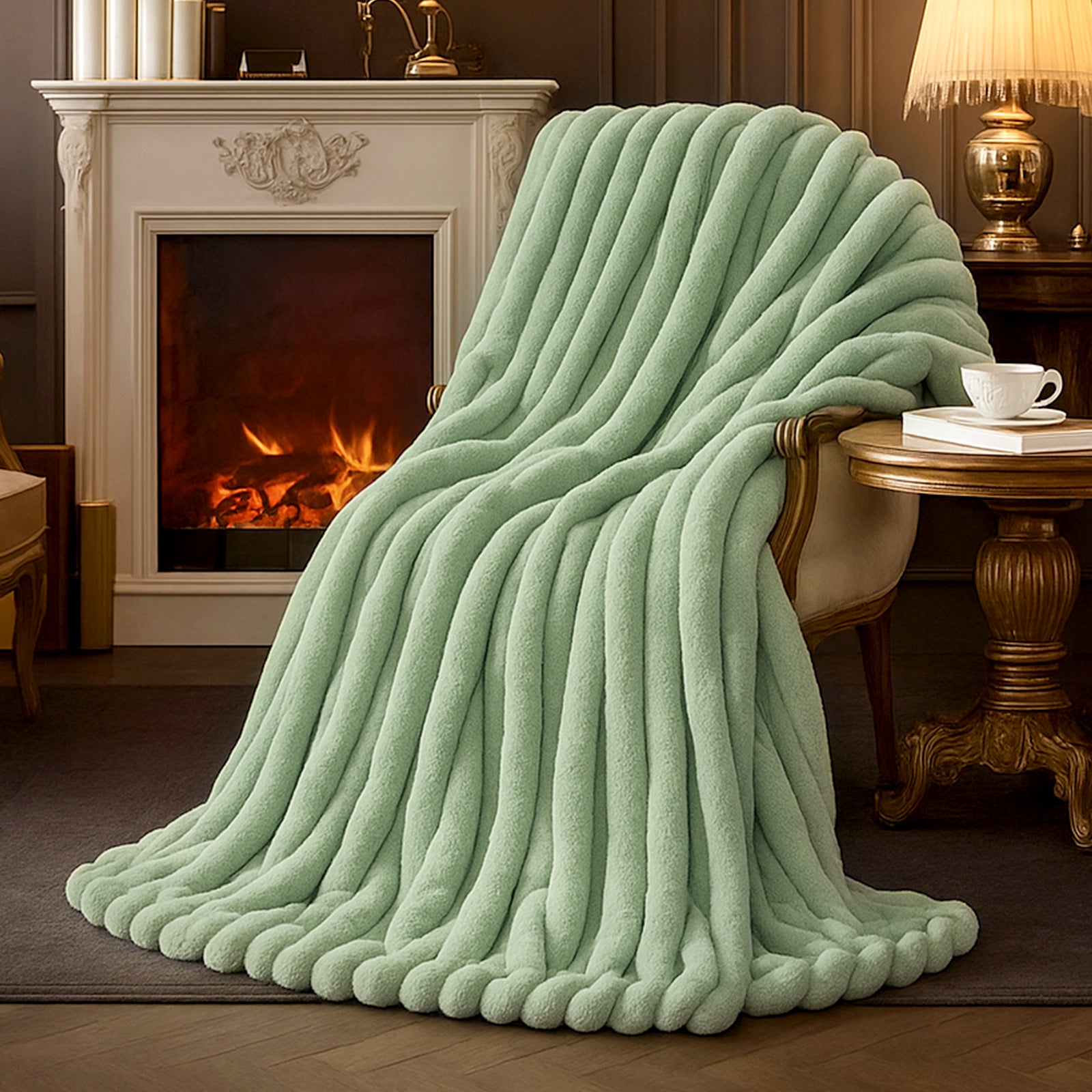 Snuggle Sac striped faux fur throw blanket in Sage Green draped over a chair near a fireplace, creating a warm and inviting atmosphere #color_Sage Green