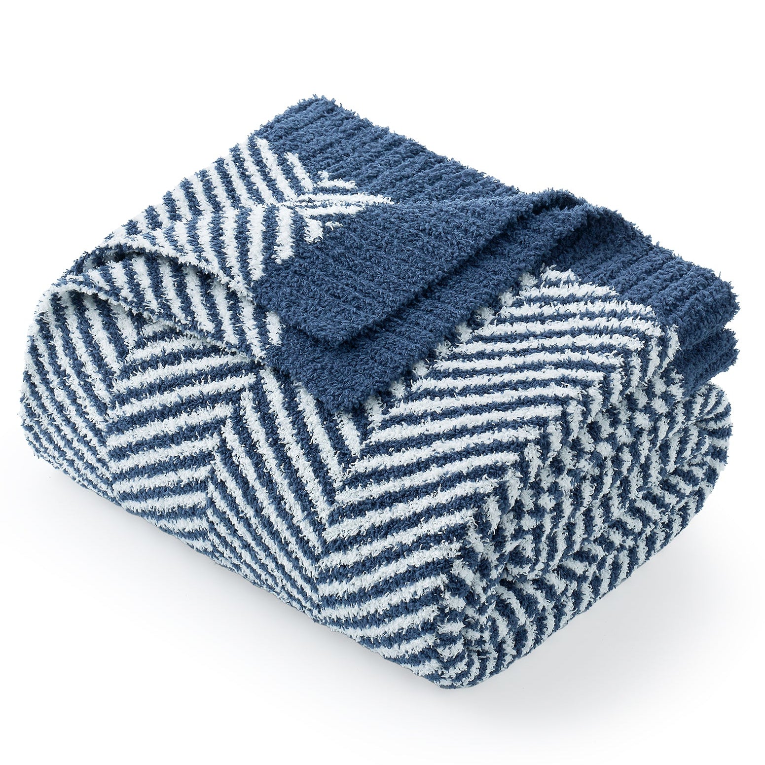 Folded Snuggle Sacs Herringbone Feather Yarn Knit Throw Blanket#color_Navy