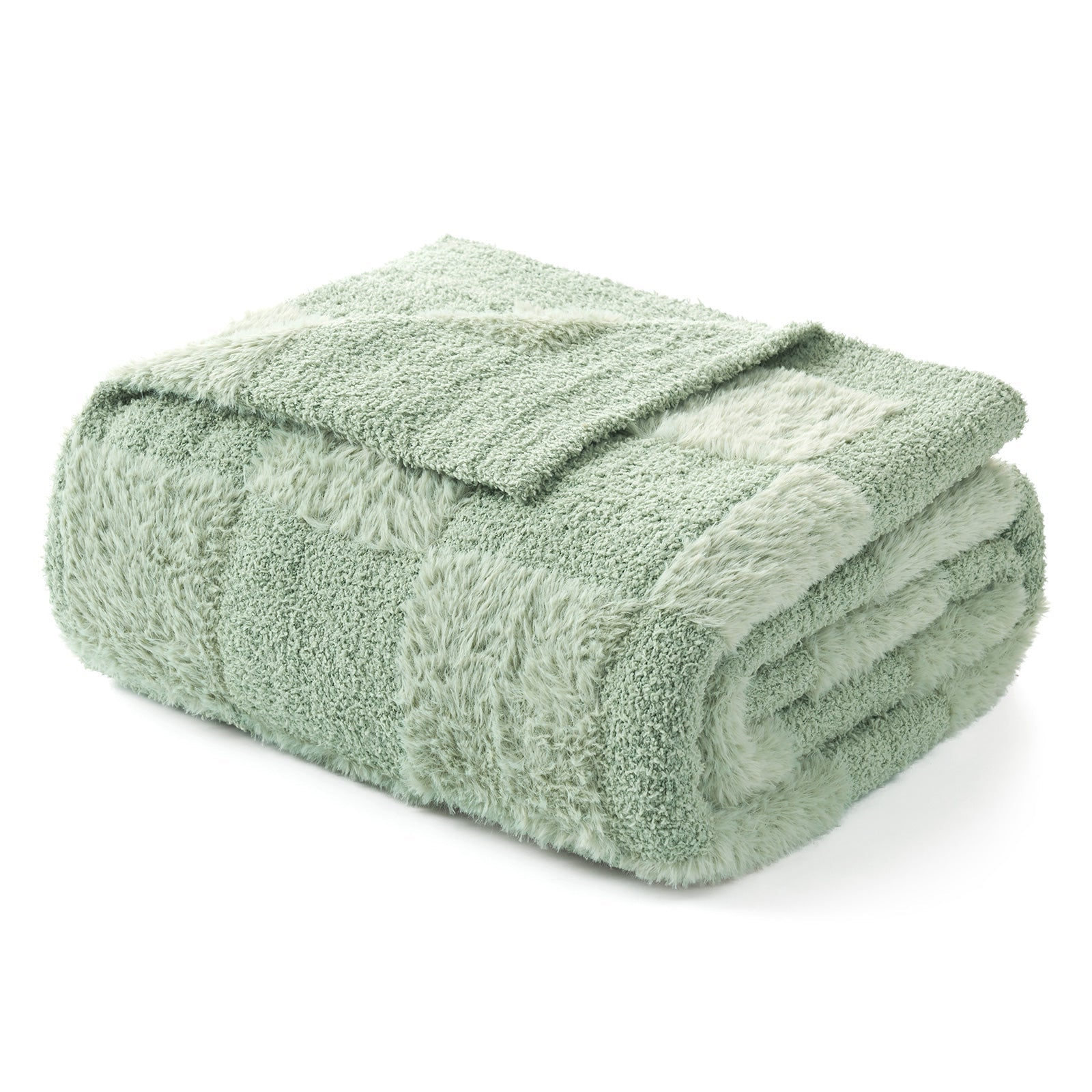 Folded Checkered Faux Fur Microfiber Blanket - #Color_Sage Green