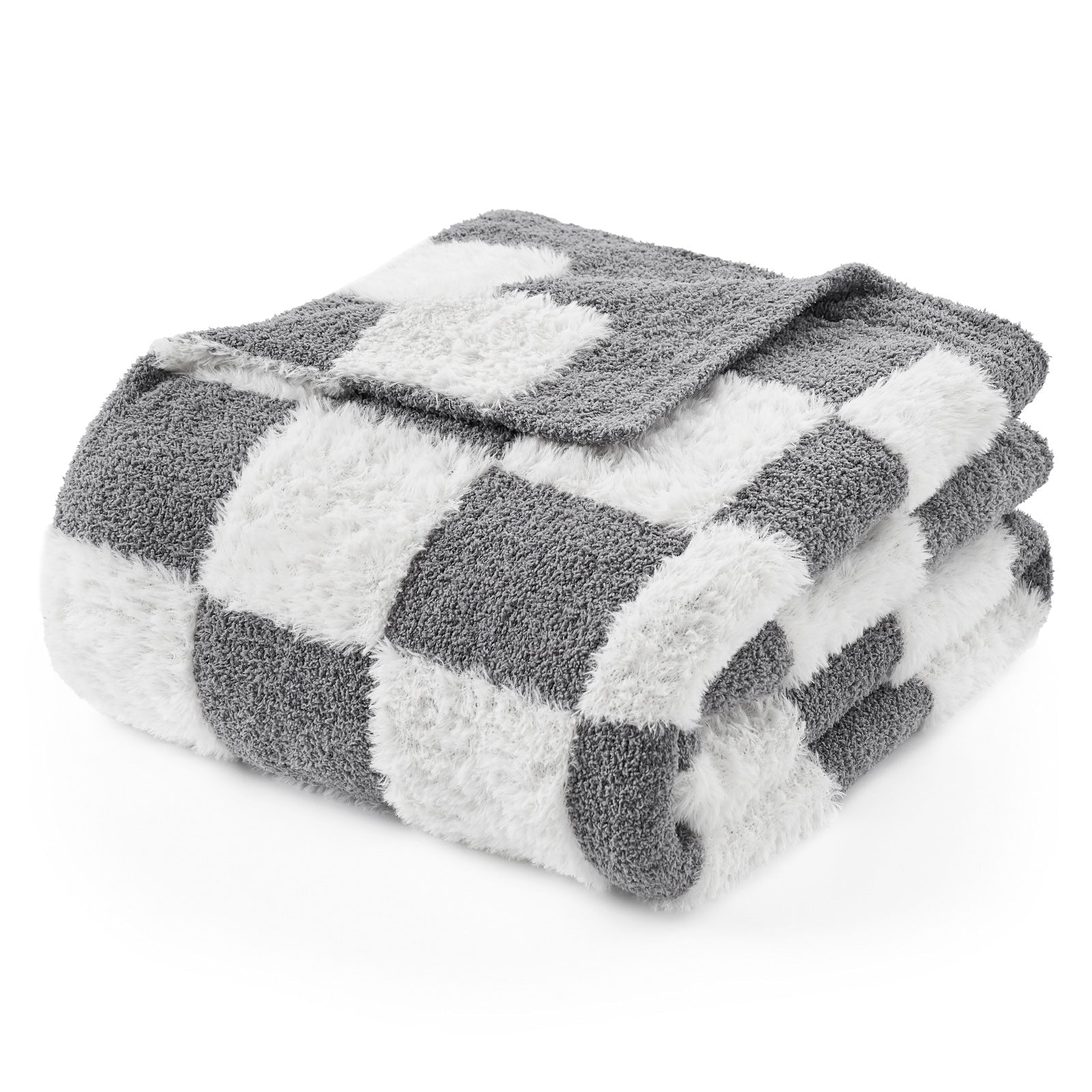 Folded UltraCozy Checkered Feather Yarn Knit Throw Blanket#Color_Grey White