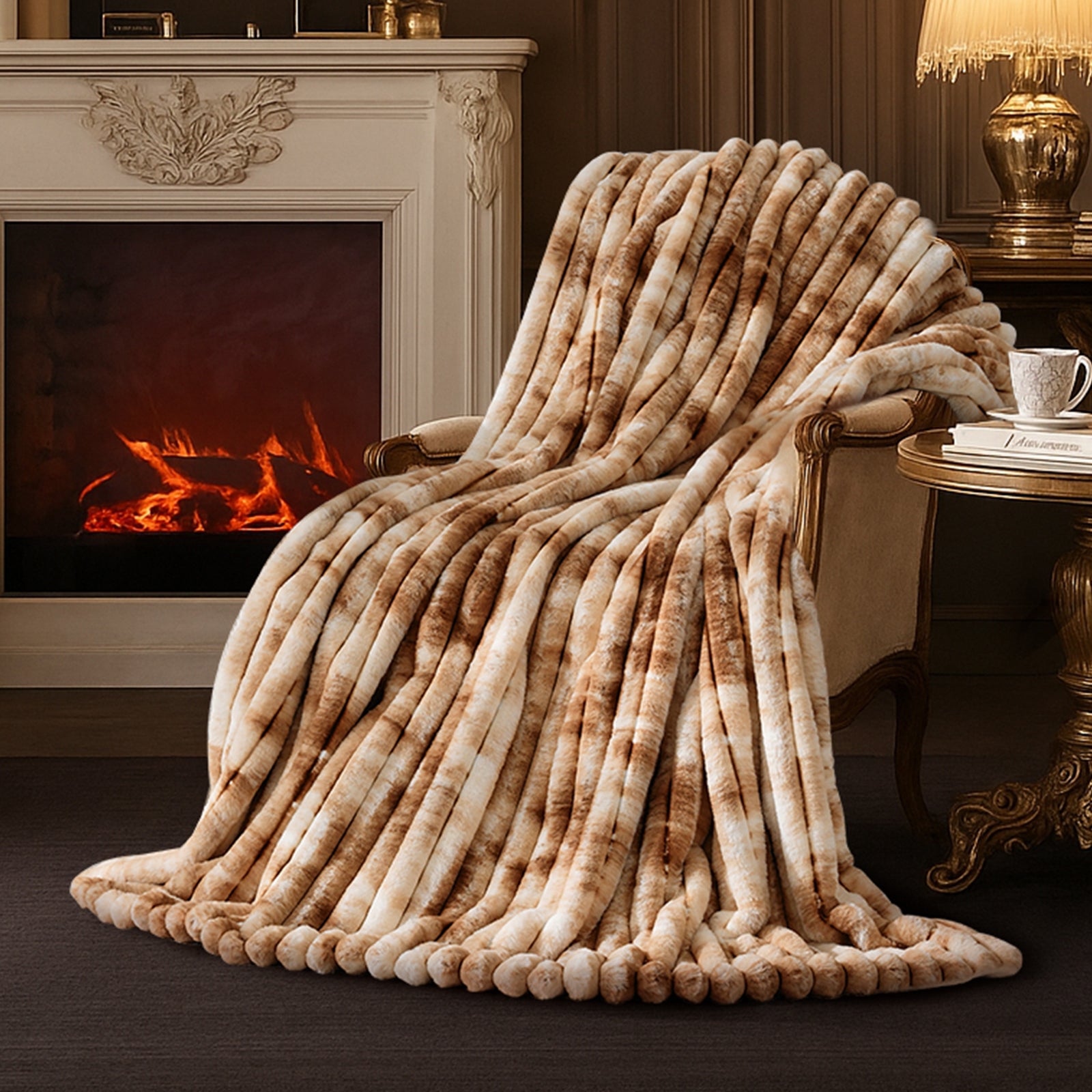 Snuggle Sac striped faux fur throw blanket in Tie-dye Khaki draped over a chair near a fireplace, creating a warm and inviting atmosphere #color_Tie-dye Khaki